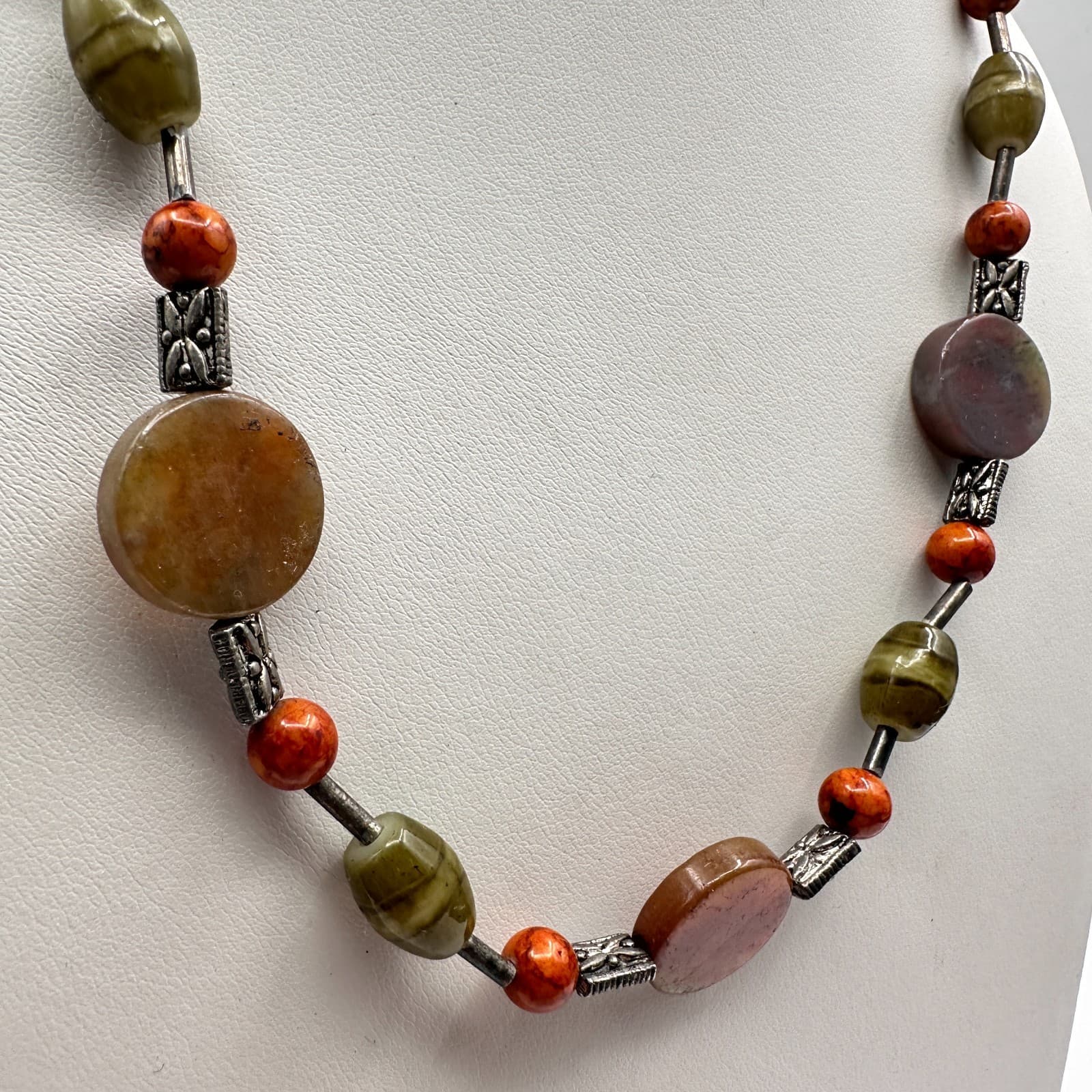 Vintage 90s Earth Tone Mixed Stones Beaded Silver Tone Necklace Women's Jewelry - Thumbnail 3