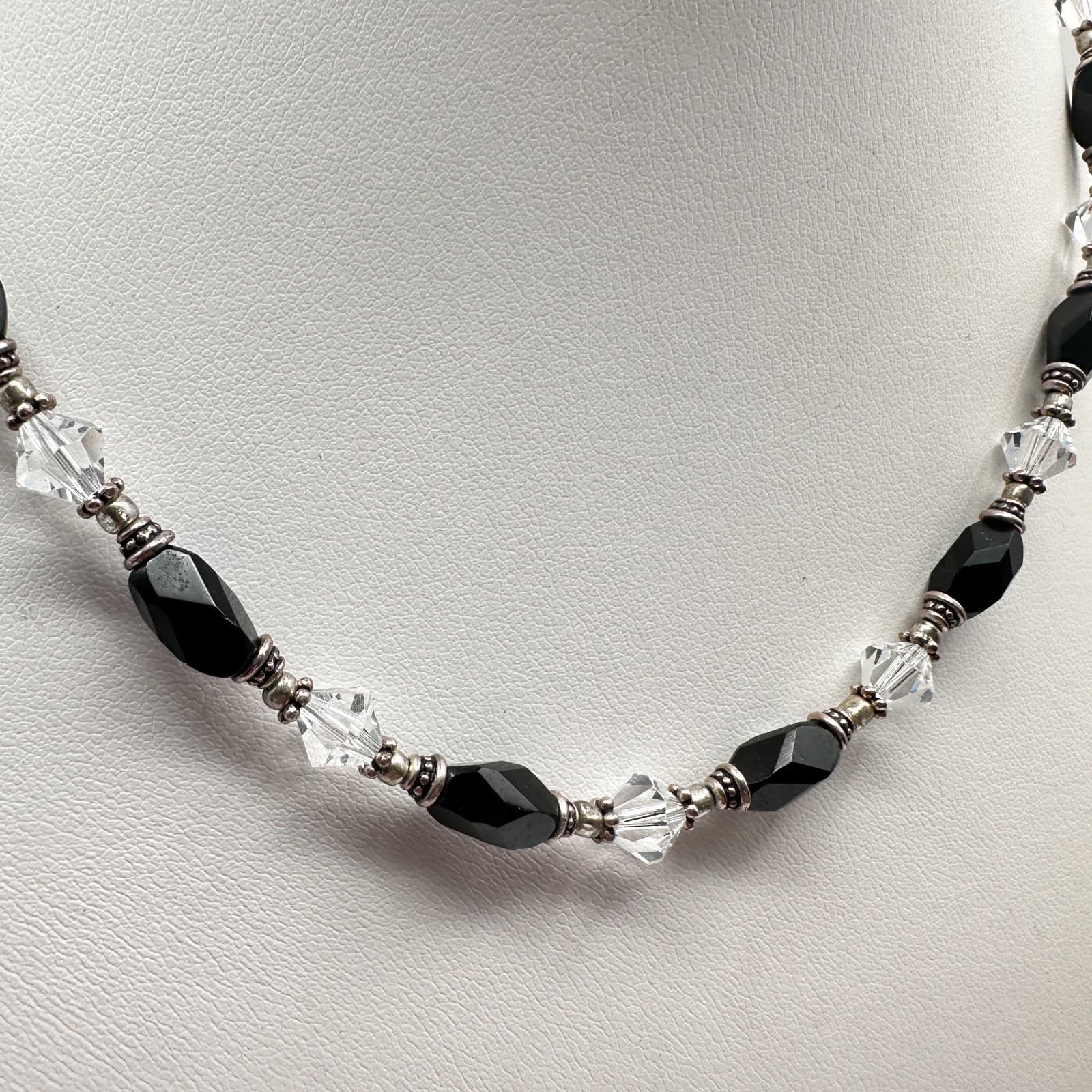 Vintage 90s Black Onyx Clear Crystal Beaded Necklace Silver Tone Boho Statement - Thumbnail 2