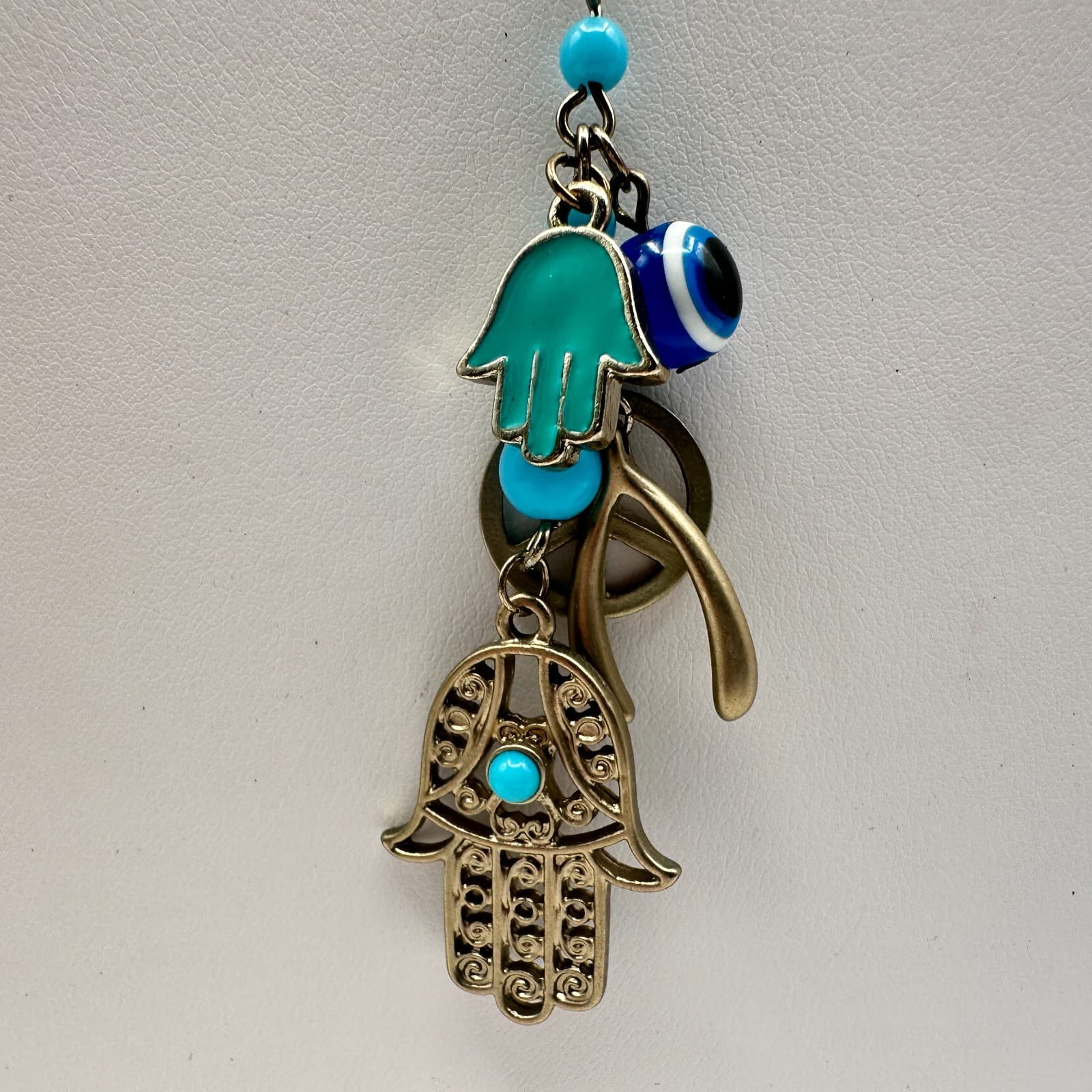 Vintage 90s Y2K Hamsa Evil Eye Gold Tone Necklace Blue Beads Boho Luck Jewelry - Thumbnail 2
