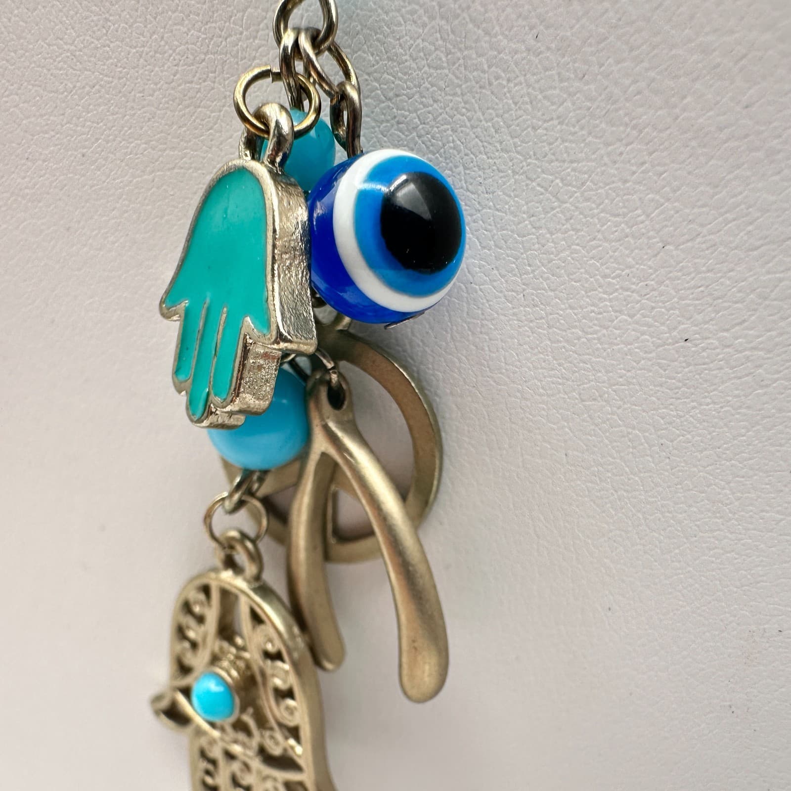 Vintage 90s Y2K Hamsa Evil Eye Gold Tone Necklace Blue Beads Boho Luck Jewelry - Thumbnail 9