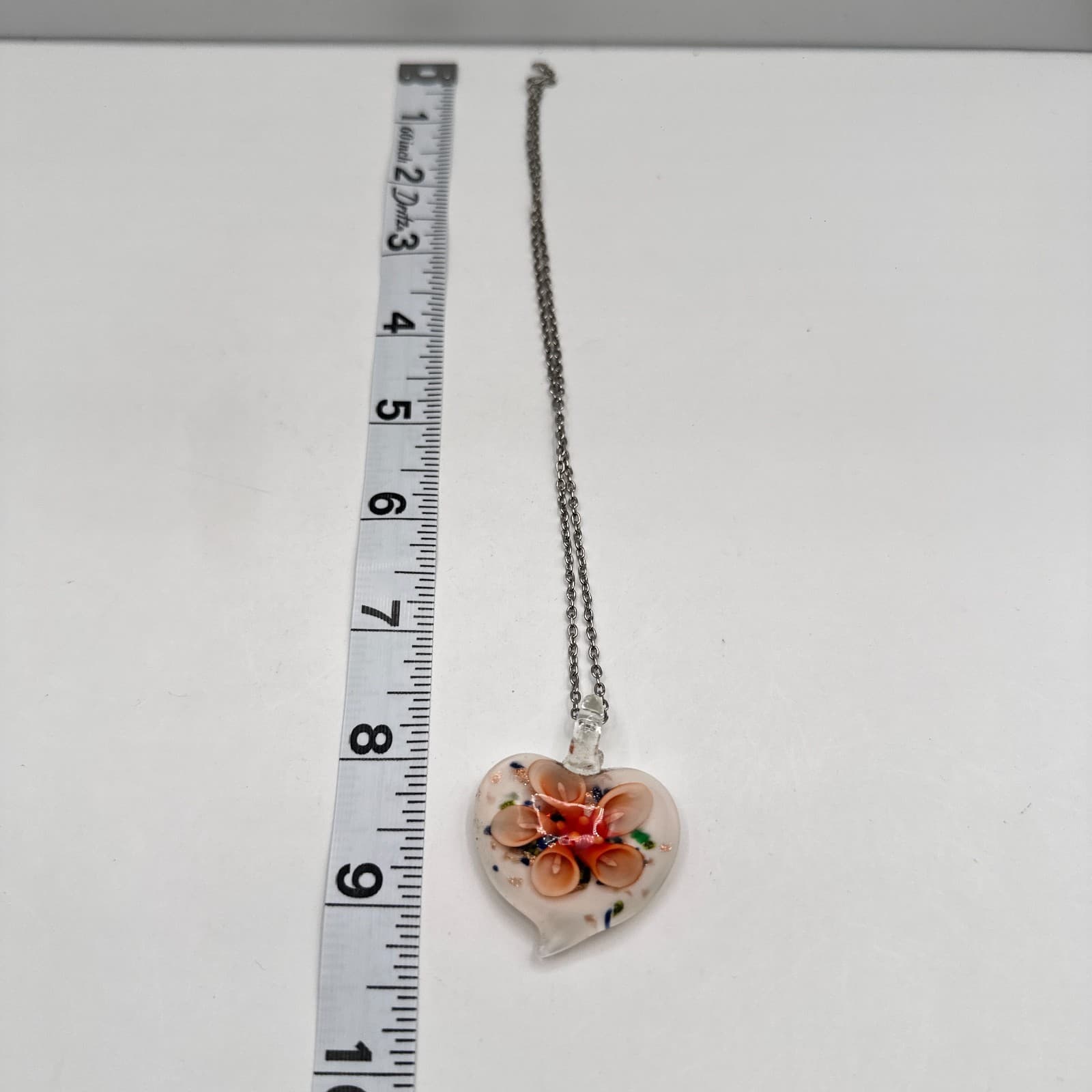 Vintage 90s Art Glass Heart Pendant Necklace Orange Floral Millefiori Jewelry - Thumbnail 10