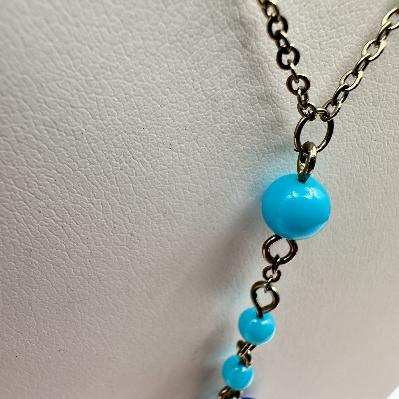 Vintage 90s Y2K Hamsa Evil Eye Gold Tone Necklace Blue Beads Boho Luck Jewelry - Thumbnail 5