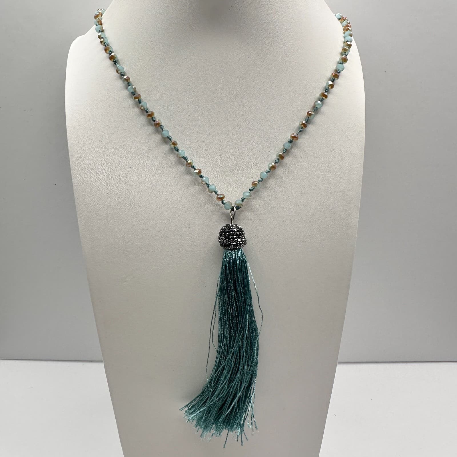 Vintage 90s Long Teal Blue Beaded Tassel Necklace Boho Statement Women's Jewelry - Thumbnail 7