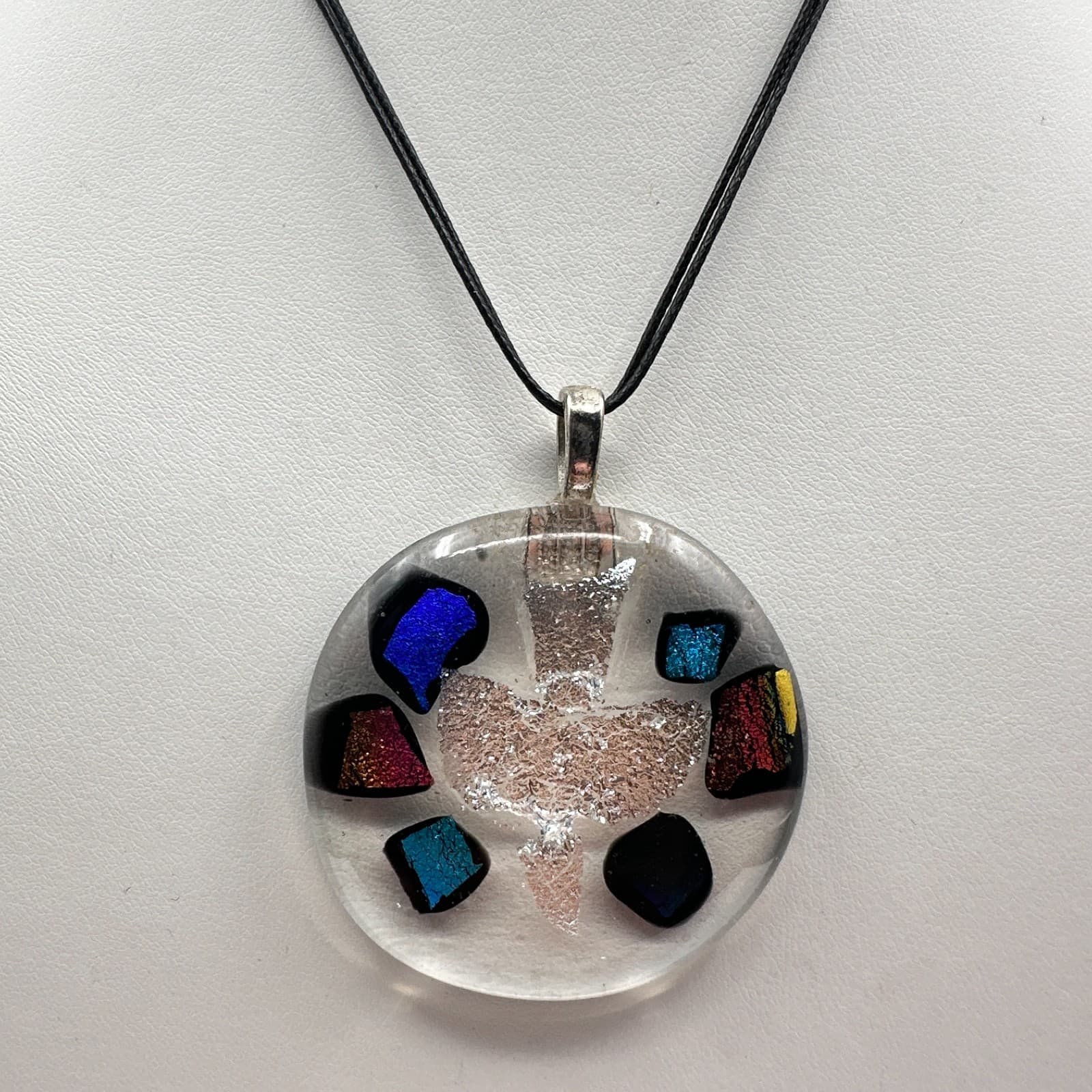 Vintage 90s Dichroic Glass Dove Necklace Rainbow Foil Pendant Black Cord Jewelry - Image 1