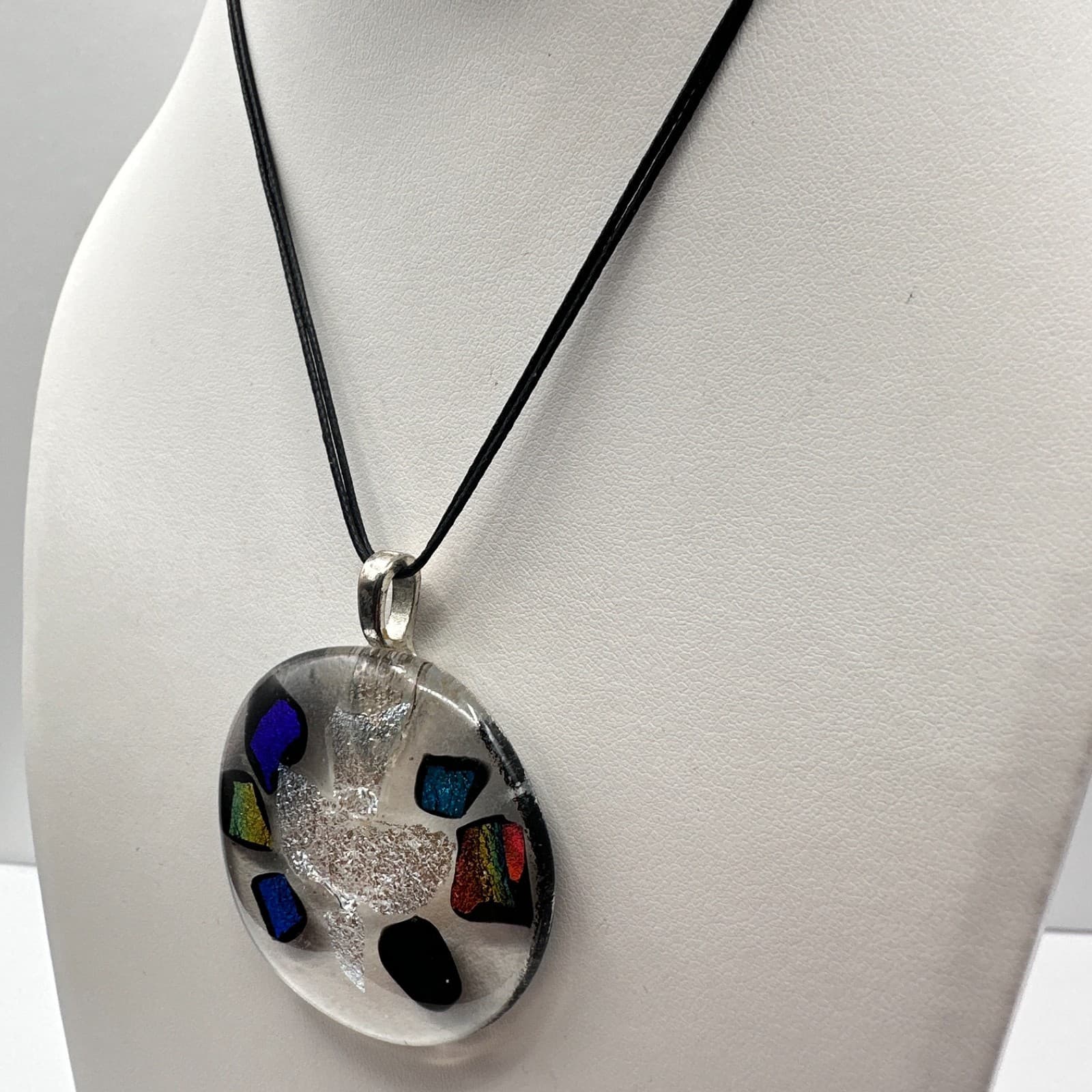 Vintage 90s Dichroic Glass Dove Necklace Rainbow Foil Pendant Black Cord Jewelry - Thumbnail 6