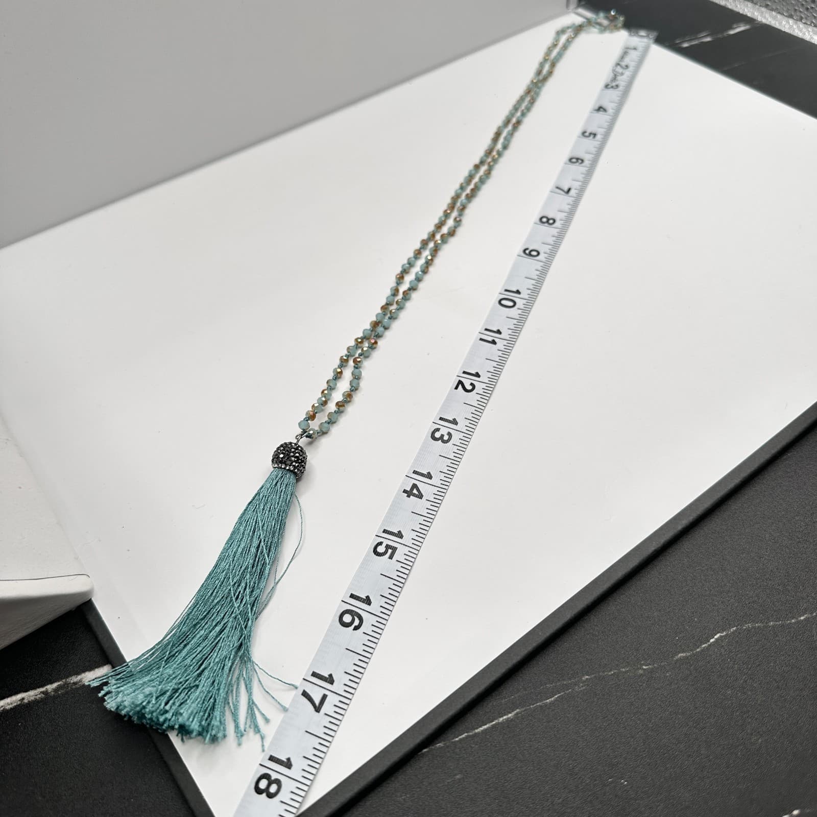 Vintage 90s Long Teal Blue Beaded Tassel Necklace Boho Statement Women's Jewelry - Thumbnail 11