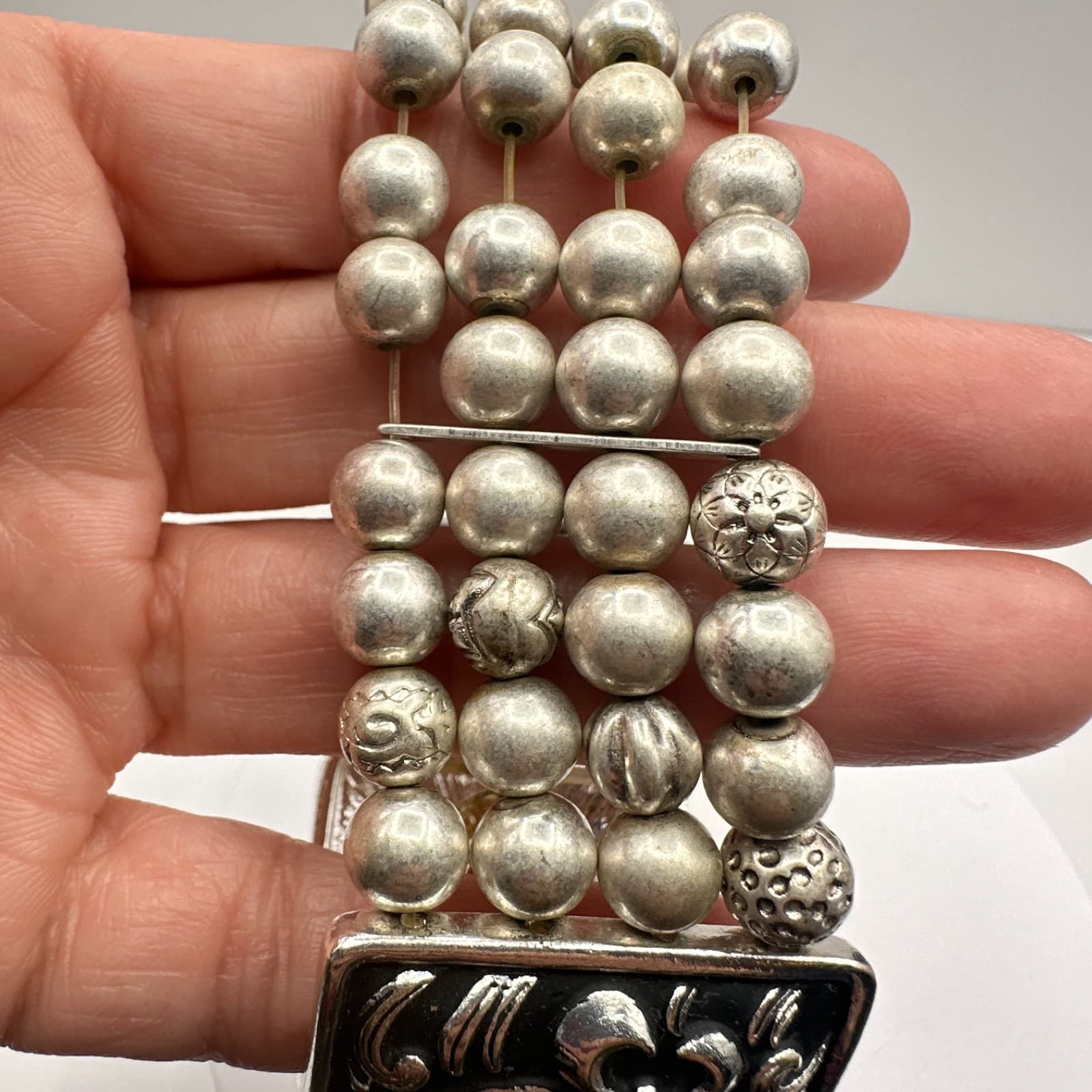 Vintage 90s Fleur De Lis Panel Stretch Bracelet Silver & Gold Tone Boho Jewelry - Thumbnail 13