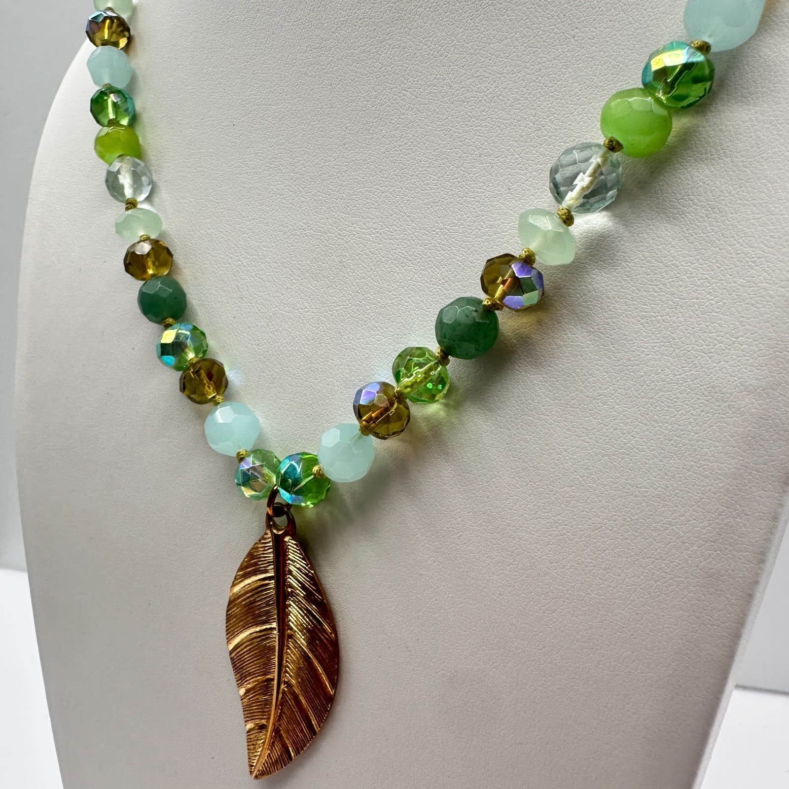 Vintage 90s C-Lee Green & Clear Faceted Glass Bead Necklace Leaf Pendant Jewelry - Thumbnail 12