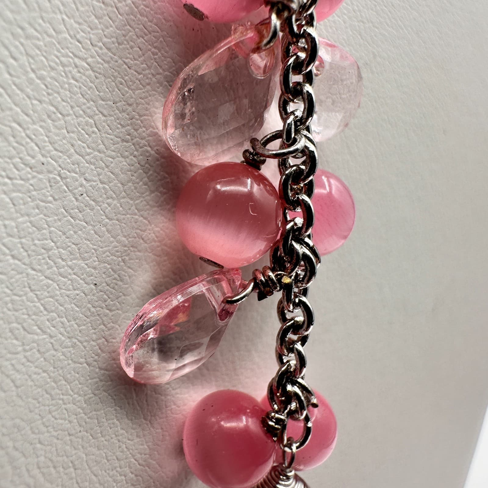 Vintage 90 Silver-Tone Pink & Clear Bead Y-Drop Dangle Necklace Jewelry - Thumbnail 14