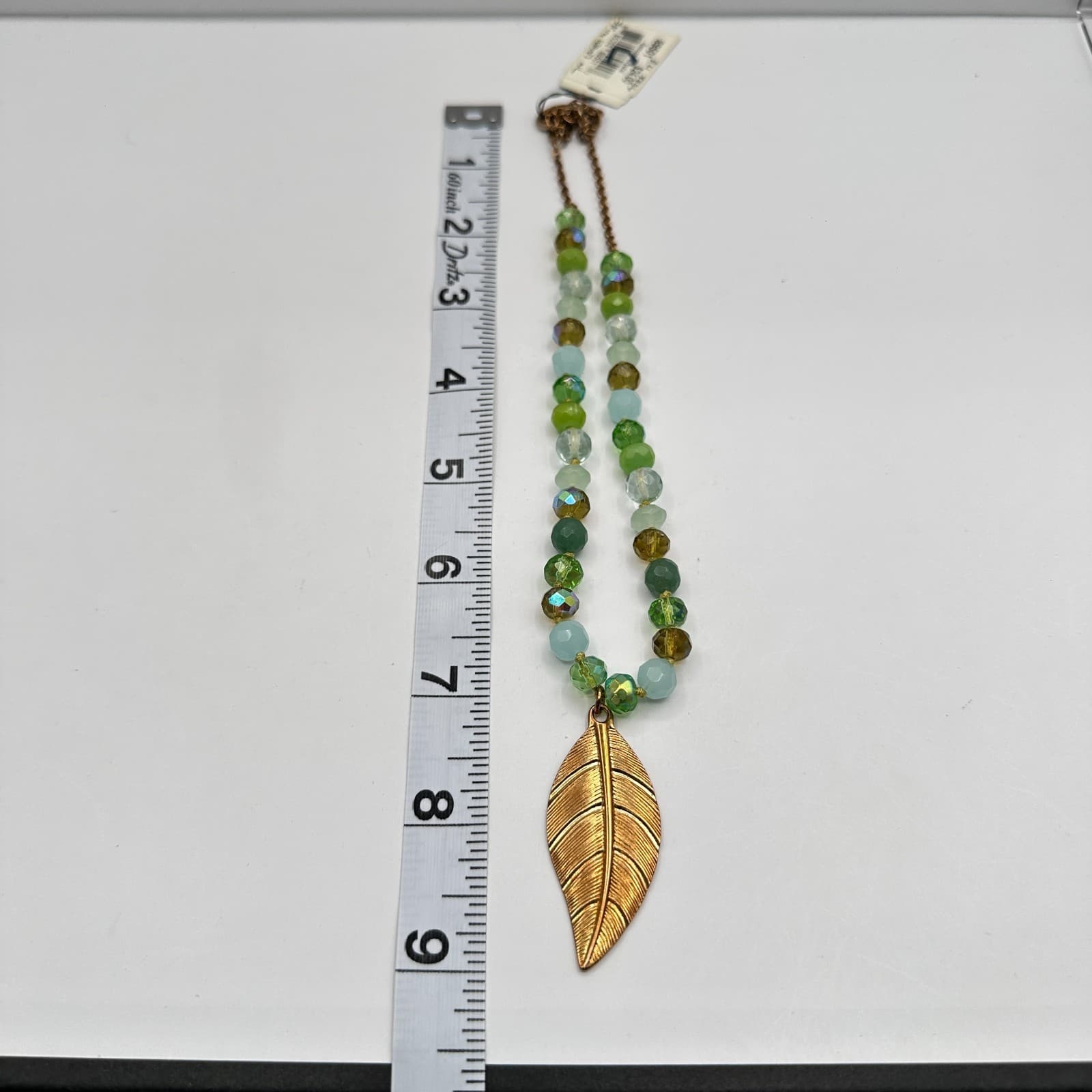 Vintage 90s C-Lee Green & Clear Faceted Glass Bead Necklace Leaf Pendant Jewelry - Thumbnail 11