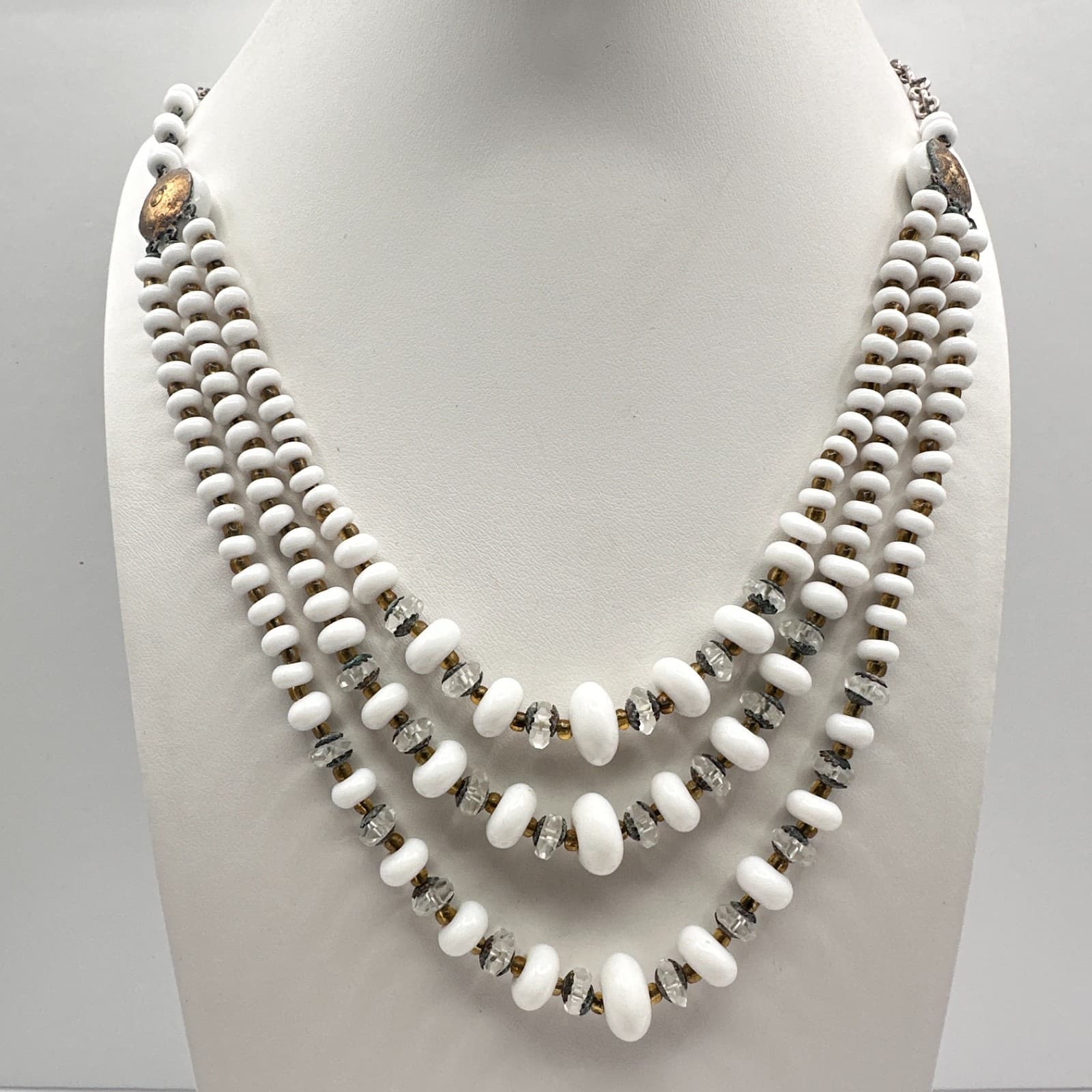 Vintage 60s Multi-Strand White Glass Bead Necklace Classic Women's Jewelry - Image 1