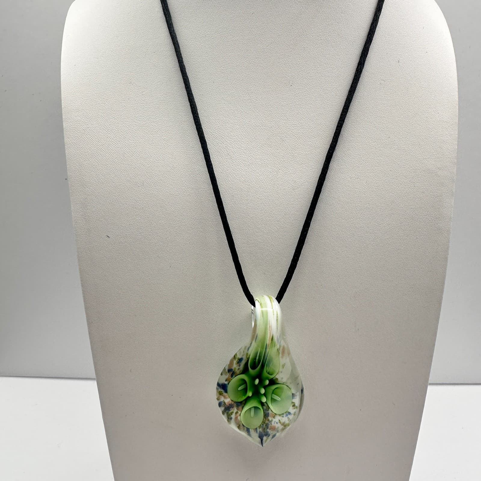 Vintage 90s Lampwork Art Glass Floral Pendant Necklace Green Calla Lily Jewelry - Image 1