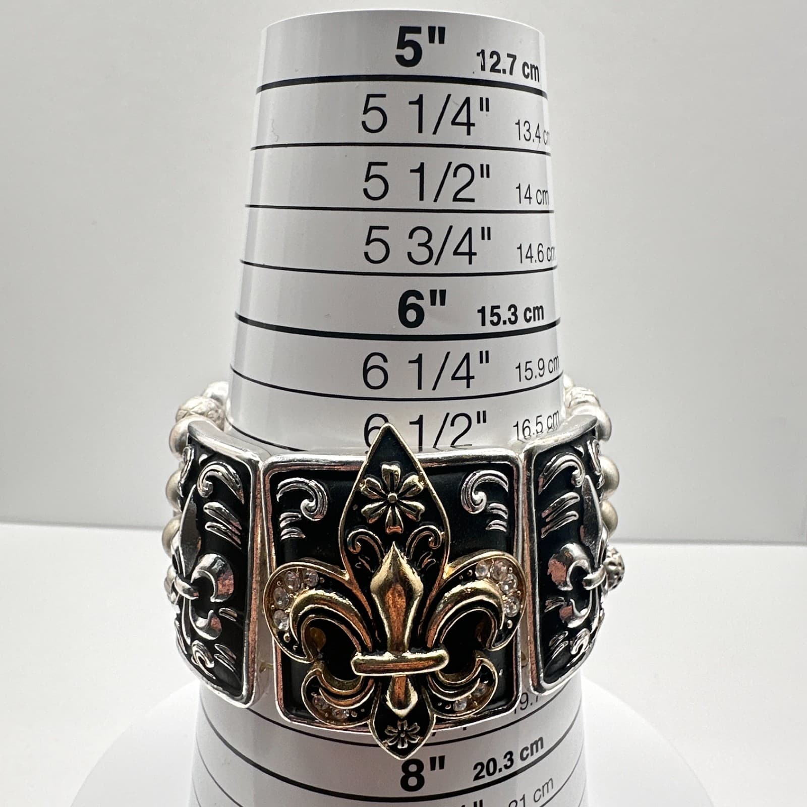 Vintage 90s Fleur De Lis Panel Stretch Bracelet Silver & Gold Tone Boho Jewelry - Thumbnail 14