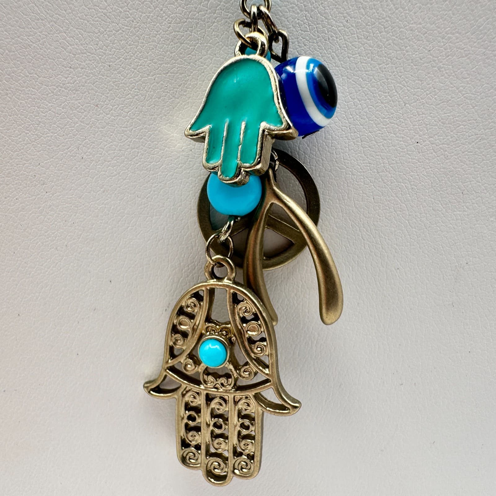 Vintage 90s Y2K Hamsa Evil Eye Gold Tone Necklace Blue Beads Boho Luck Jewelry - Thumbnail 3