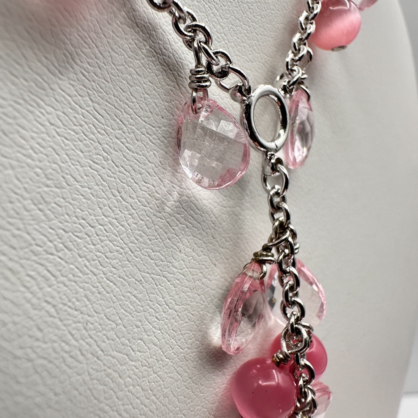 Vintage 90 Silver-Tone Pink & Clear Bead Y-Drop Dangle Necklace Jewelry - Thumbnail 7