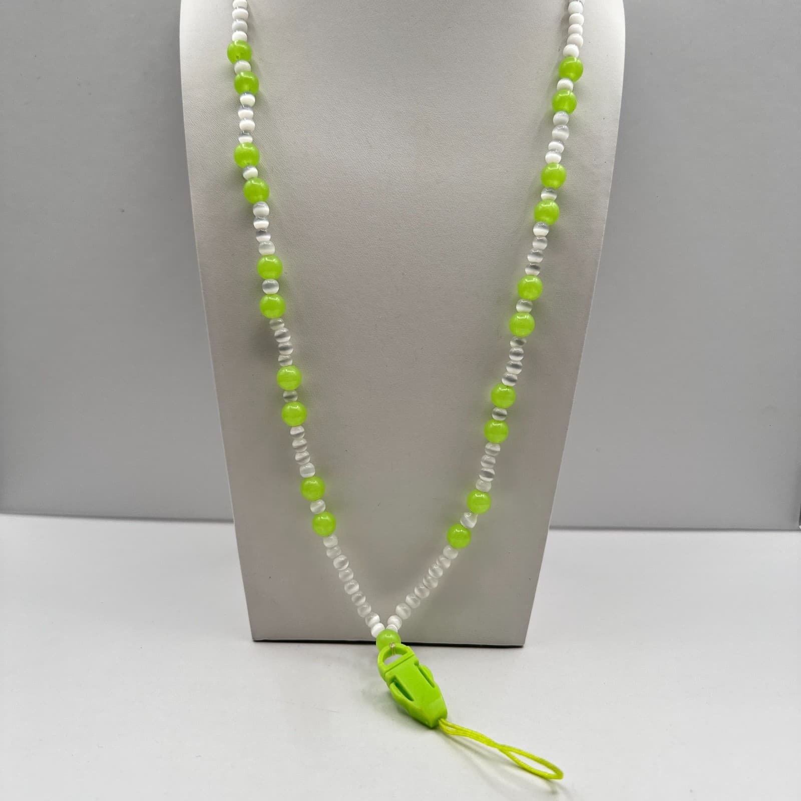Vintage Y2K Lime Green & White Beaded Lanyard Necklace Whistle Clip Tech Jewelry - Image 1