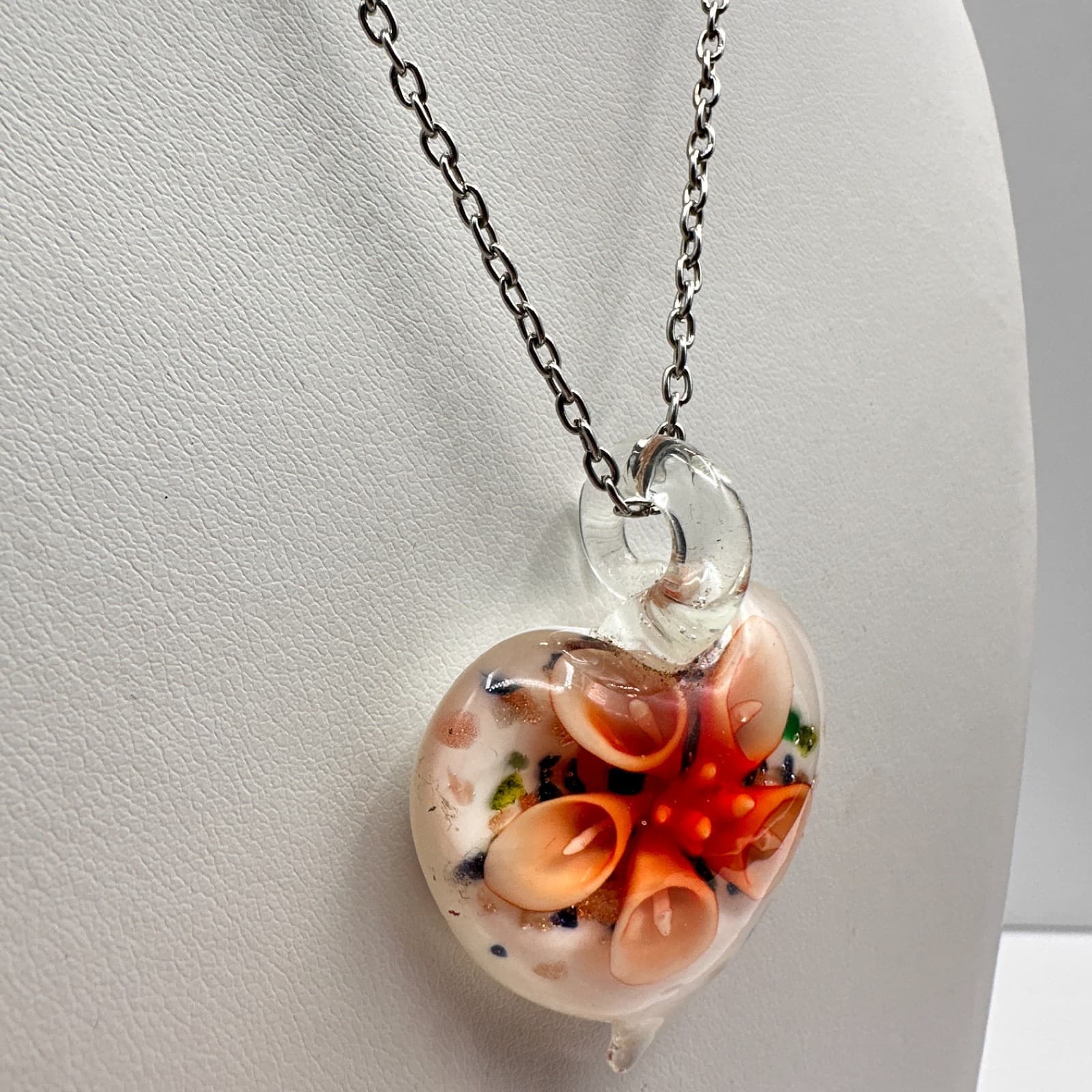 Vintage 90s Art Glass Heart Pendant Necklace Orange Floral Millefiori Jewelry - Thumbnail 4