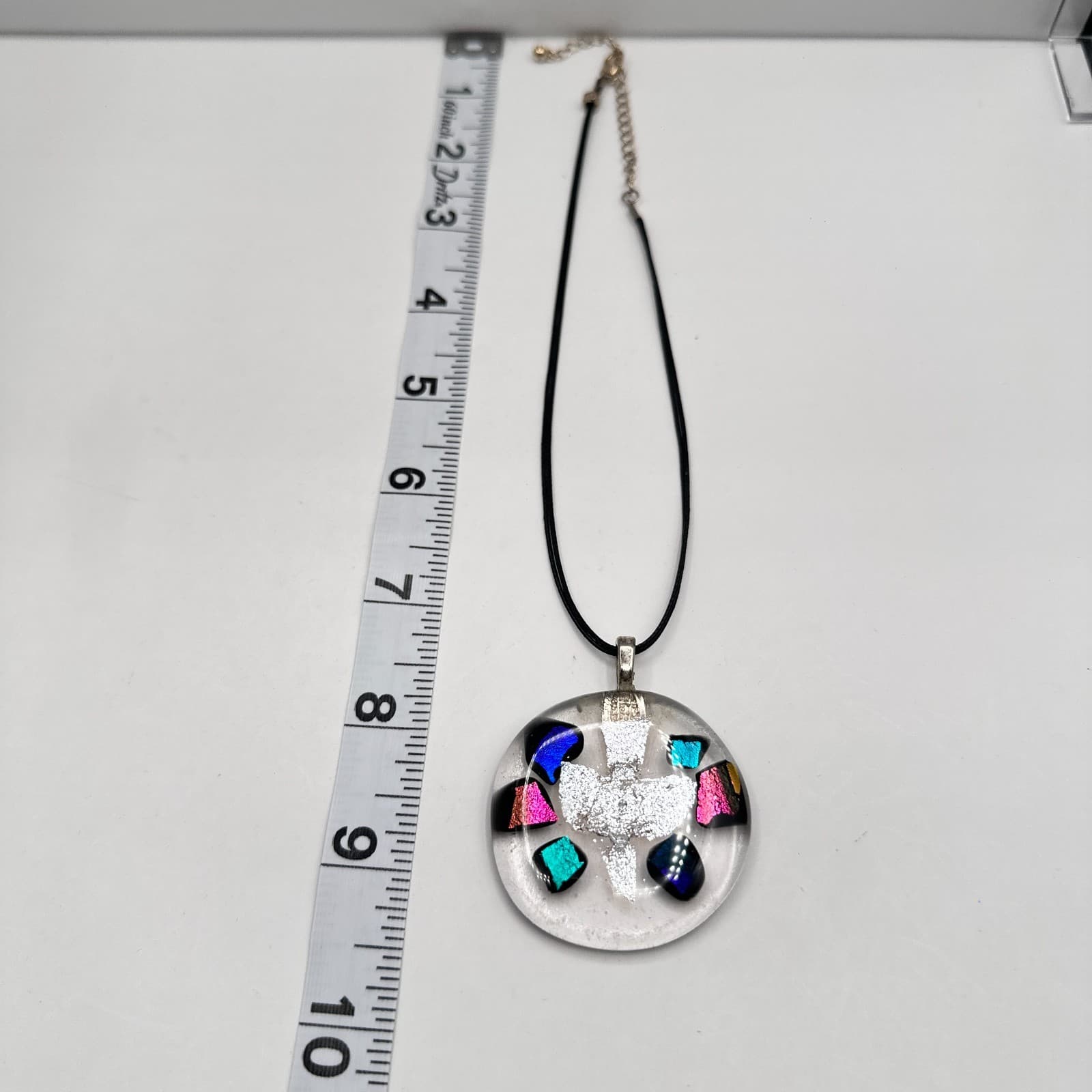 Vintage 90s Dichroic Glass Dove Necklace Rainbow Foil Pendant Black Cord Jewelry - Thumbnail 8