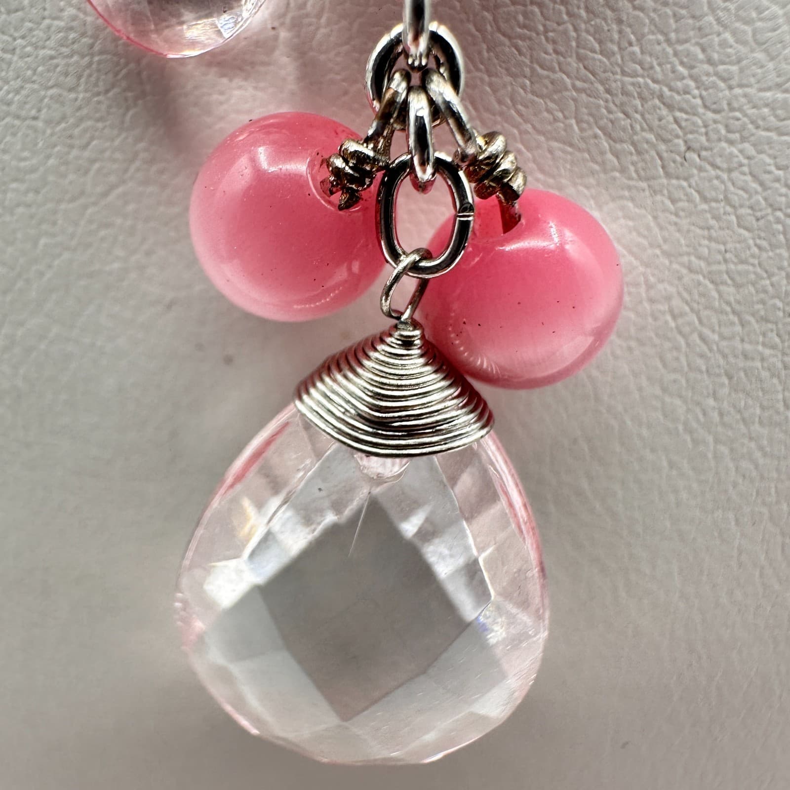 Vintage 90 Silver-Tone Pink & Clear Bead Y-Drop Dangle Necklace Jewelry - Thumbnail 12