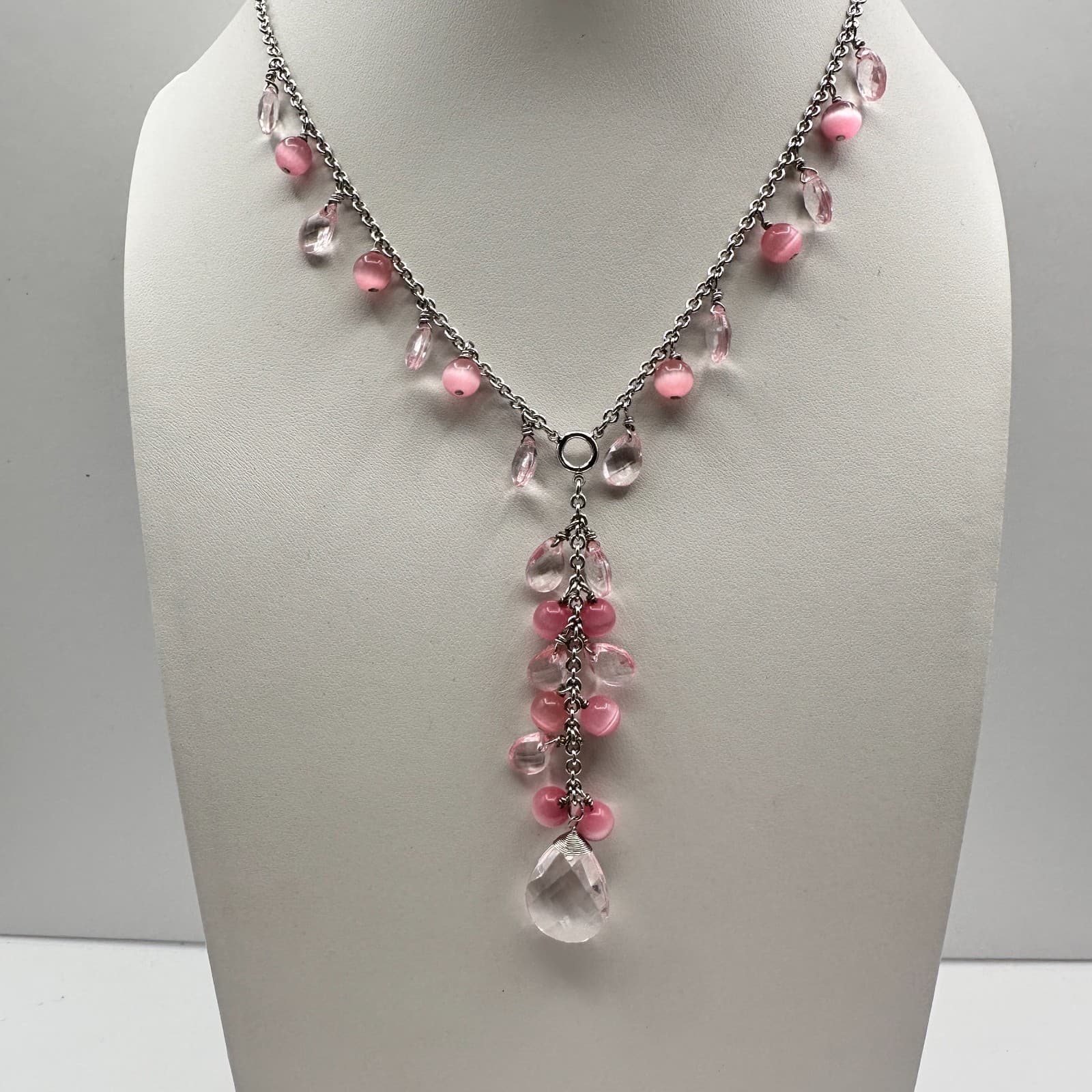 Vintage 90 Silver-Tone Pink & Clear Bead Y-Drop Dangle Necklace Jewelry - Thumbnail 2