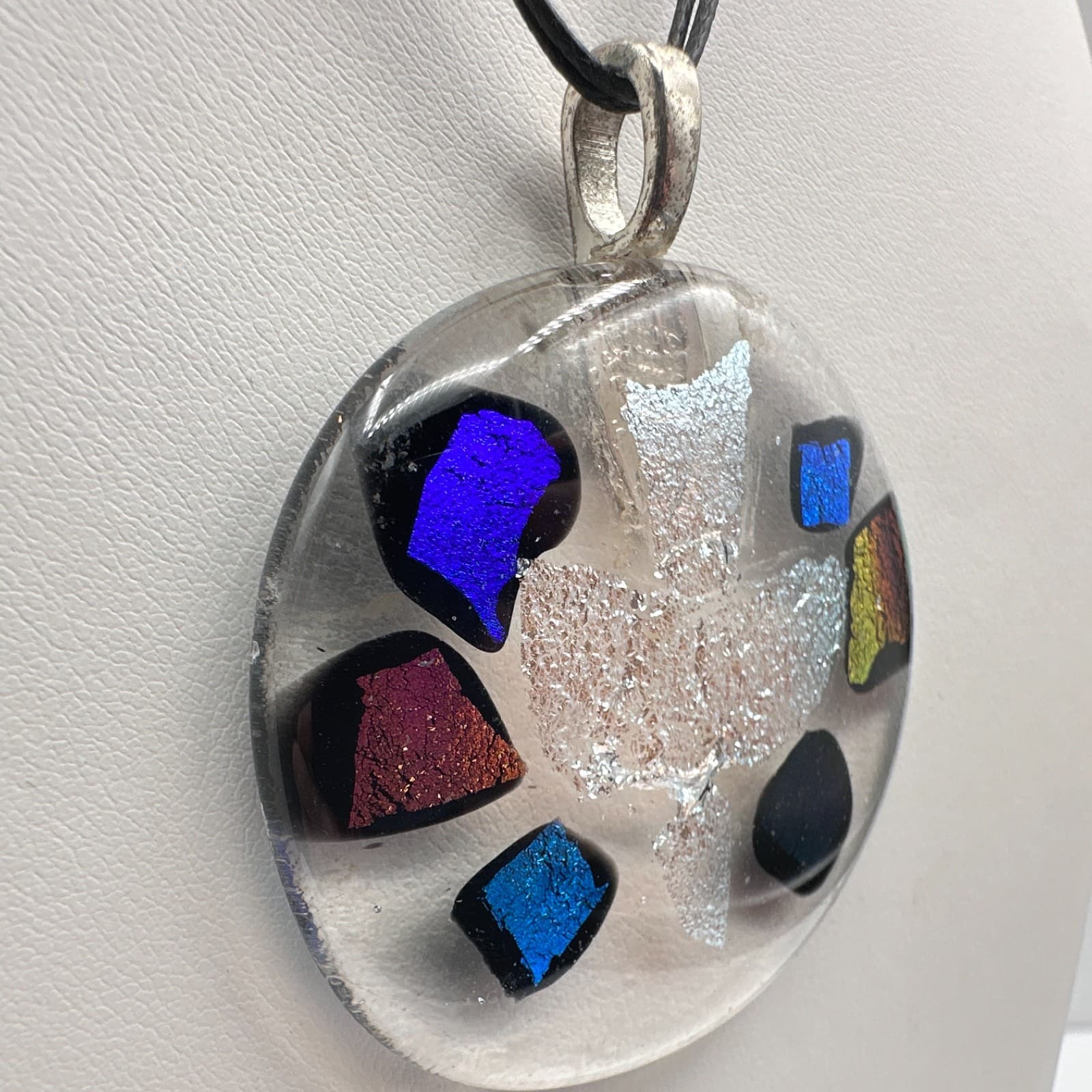 Vintage 90s Dichroic Glass Dove Necklace Rainbow Foil Pendant Black Cord Jewelry - Thumbnail 4