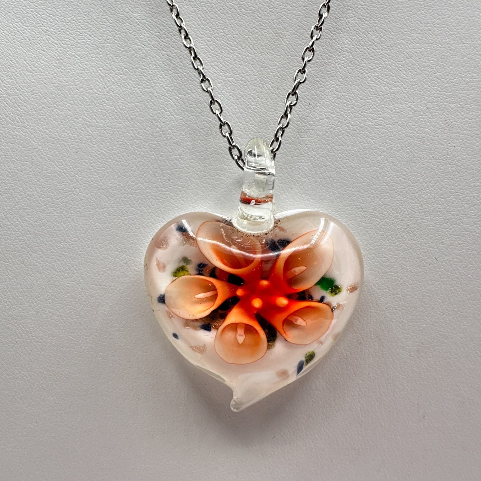 Vintage 90s Art Glass Heart Pendant Necklace Orange Floral Millefiori Jewelry - Thumbnail 2
