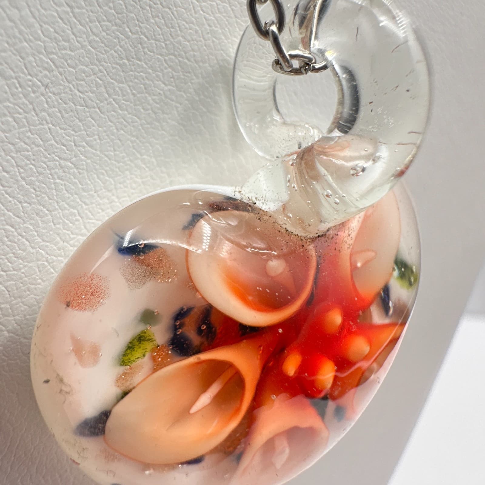 Vintage 90s Art Glass Heart Pendant Necklace Orange Floral Millefiori Jewelry - Thumbnail 6