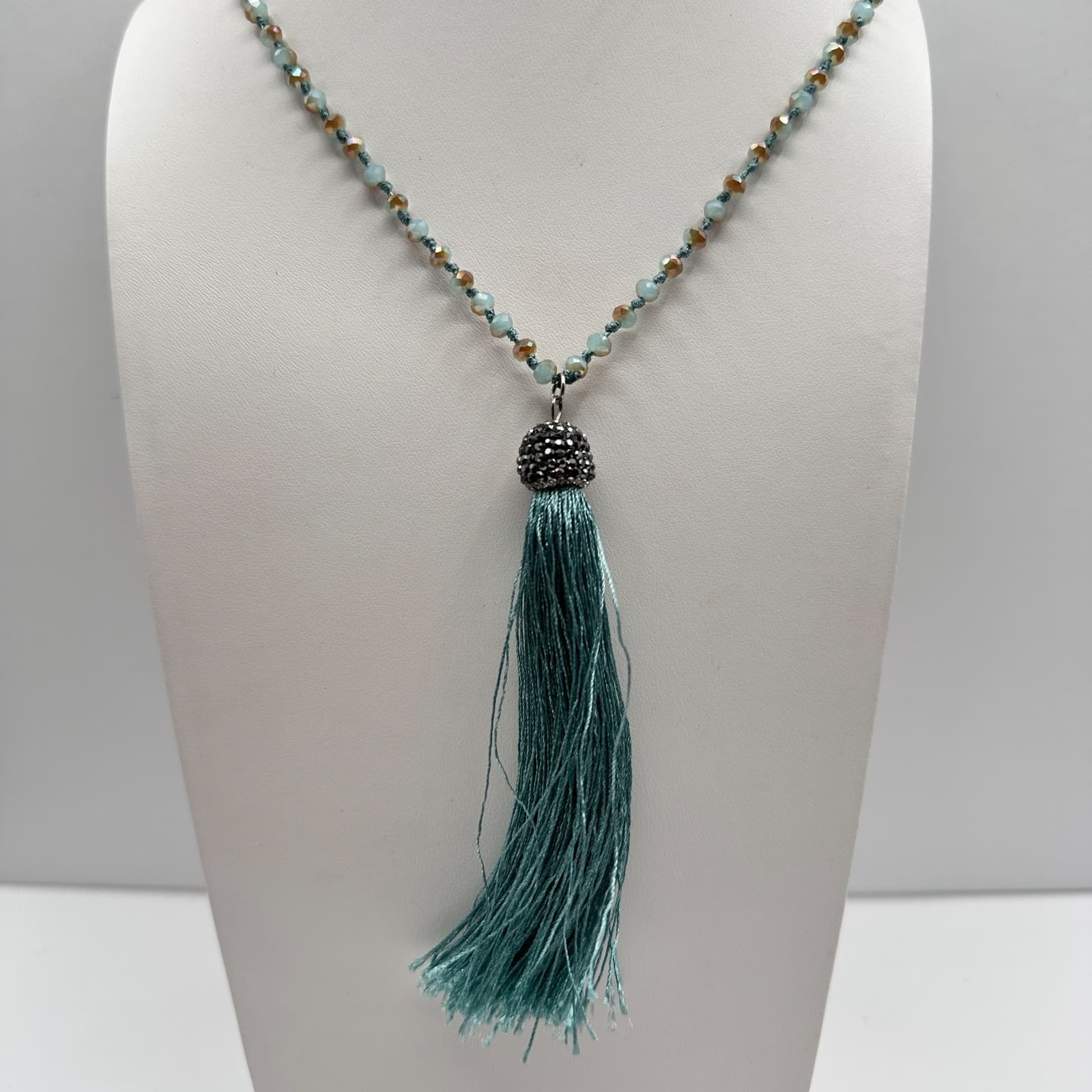 Vintage 90s Long Teal Blue Beaded Tassel Necklace Boho Statement Women's Jewelry - Image 1