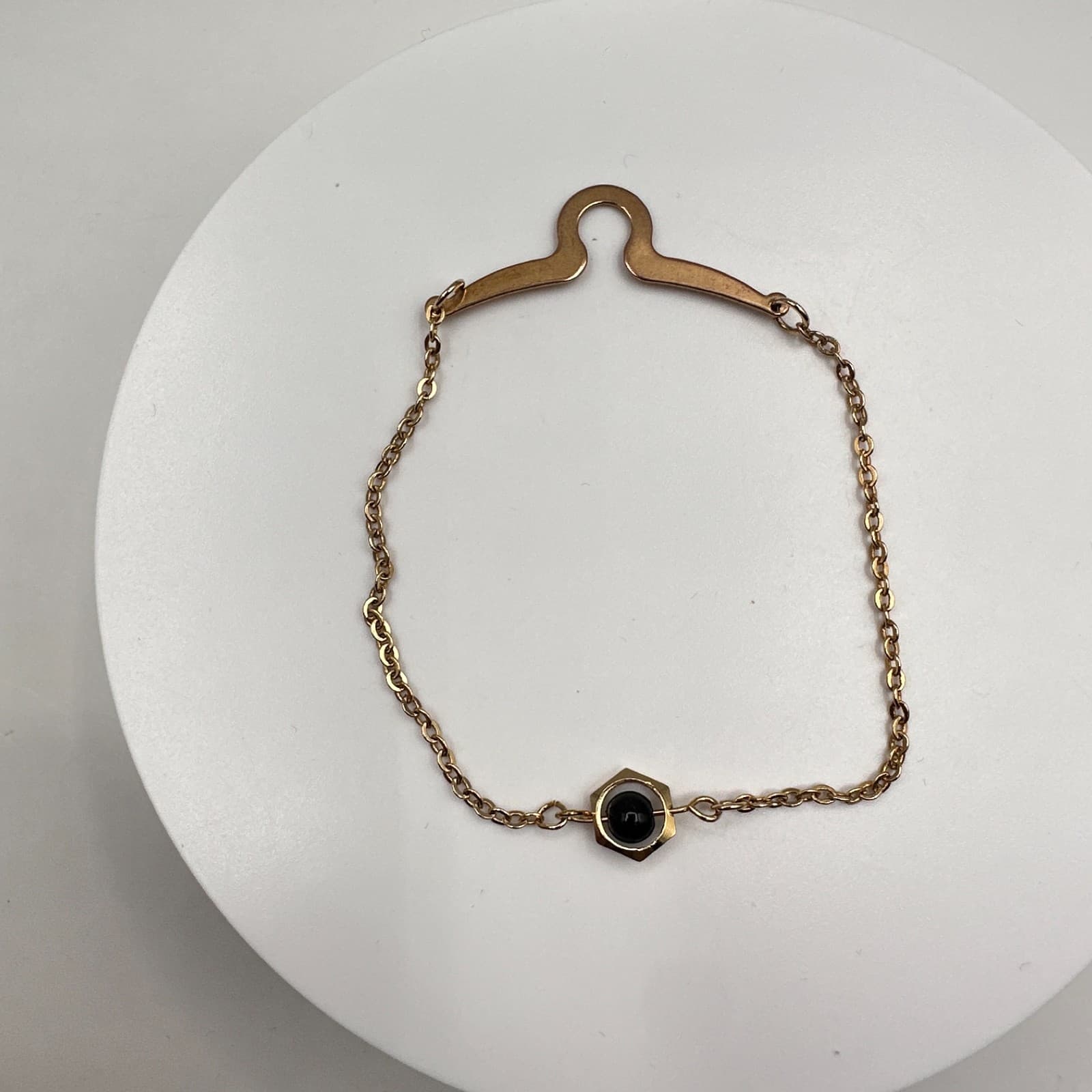 Vintage 90s Gold Tone Hexagon Black Bead Station Bracelet Minimalist Jewelry - Image 1