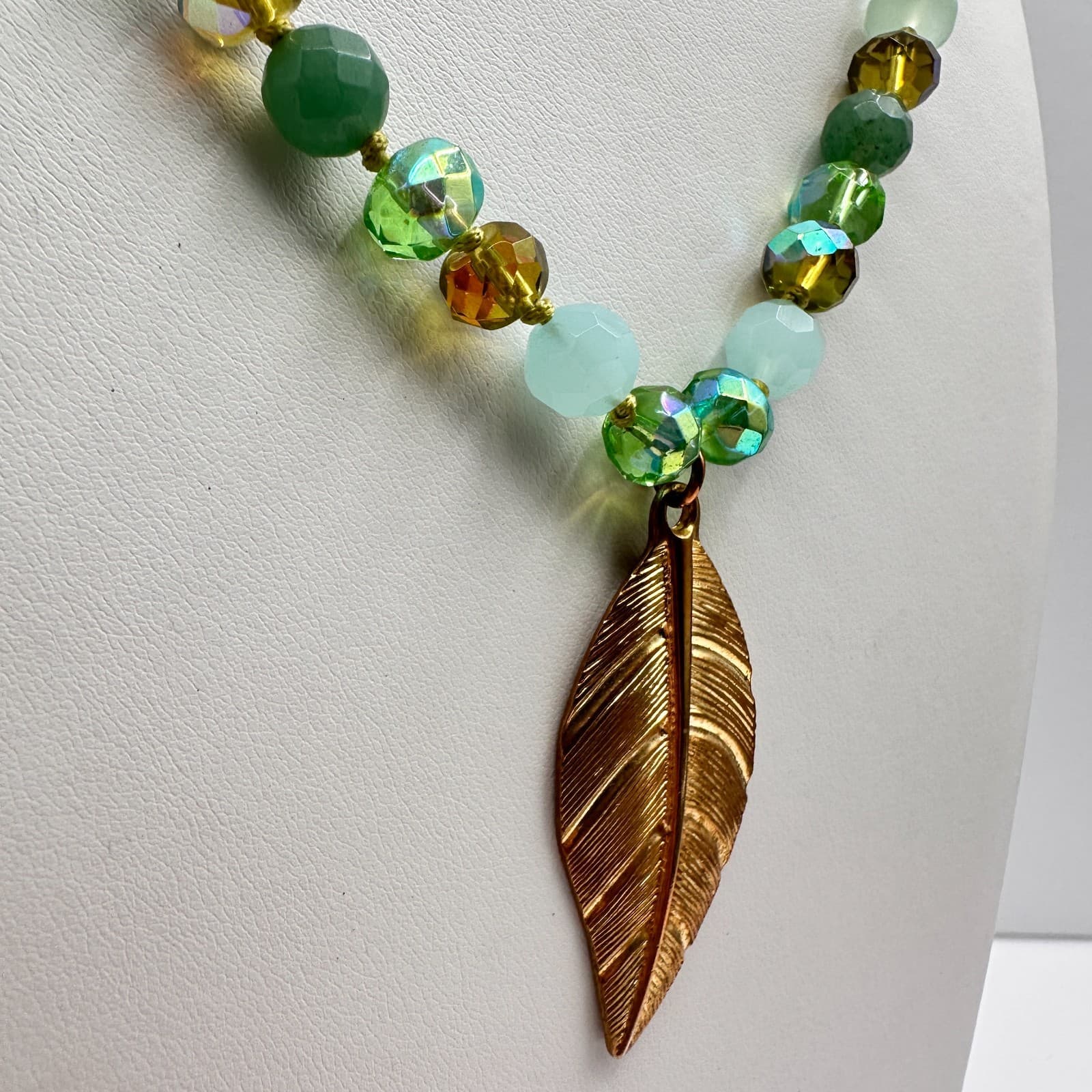Vintage 90s C-Lee Green & Clear Faceted Glass Bead Necklace Leaf Pendant Jewelry - Thumbnail 3