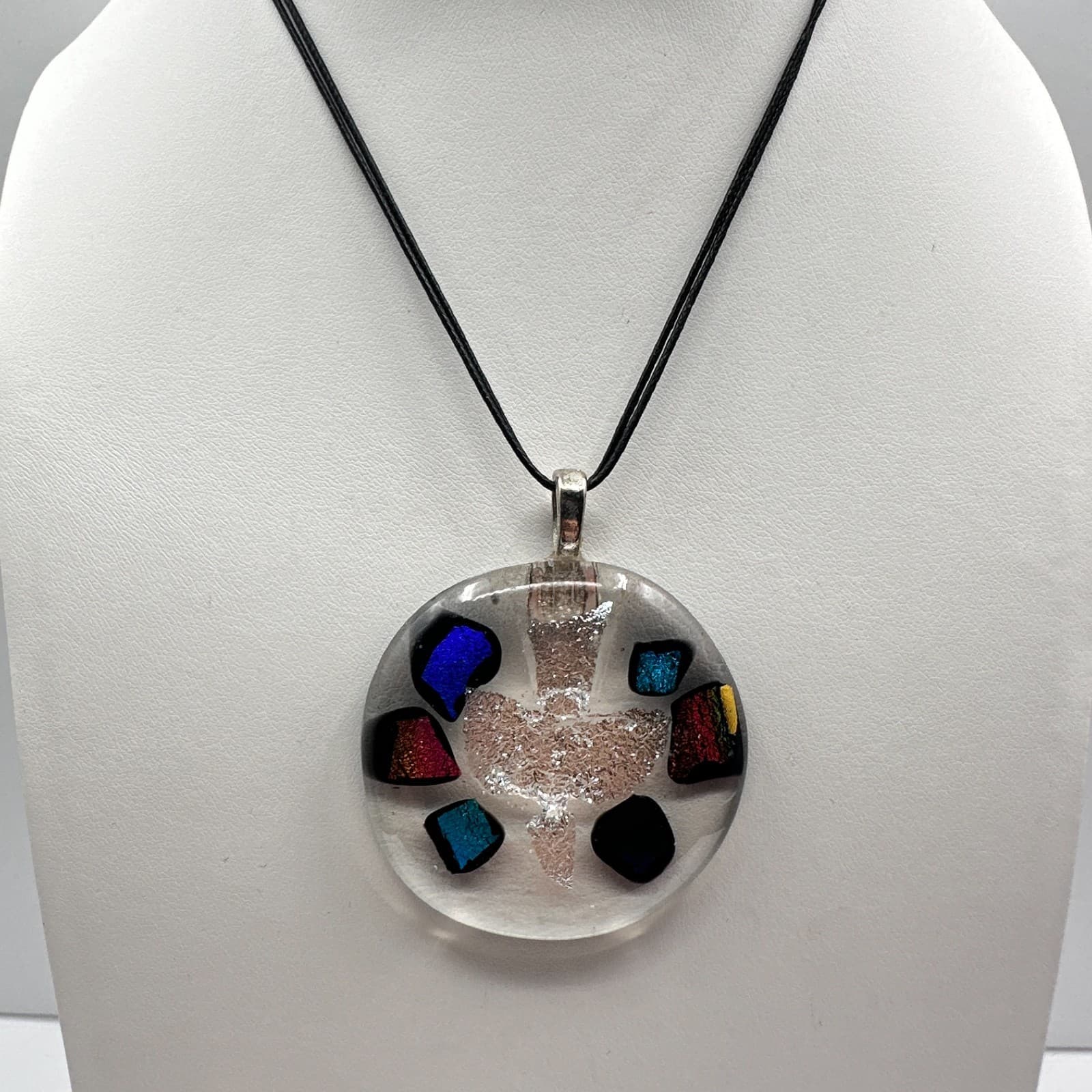 Vintage 90s Dichroic Glass Dove Necklace Rainbow Foil Pendant Black Cord Jewelry - Thumbnail 2