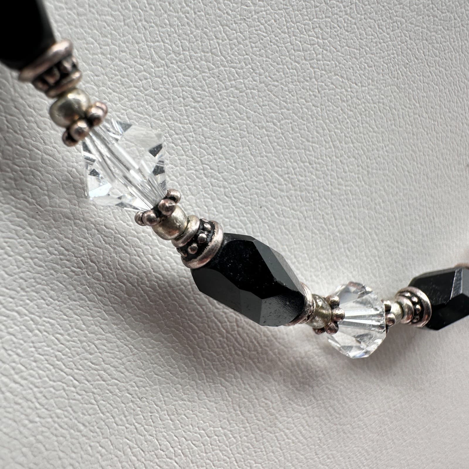 Vintage 90s Black Onyx Clear Crystal Beaded Necklace Silver Tone Boho Statement - Thumbnail 5
