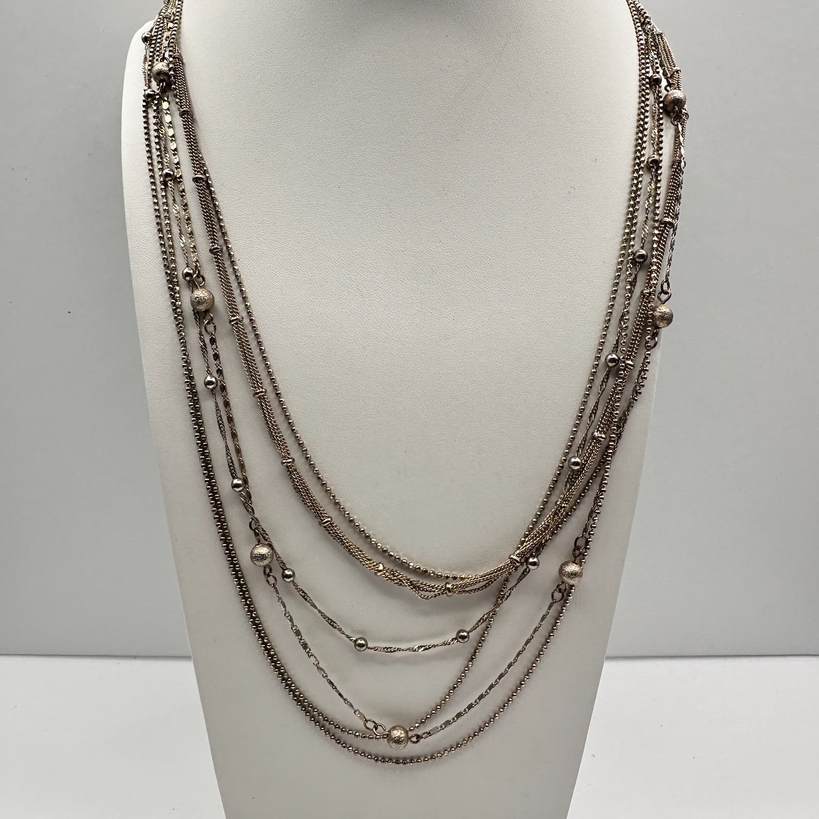 Vintage 90s Multi Layer Strand Station Bead Necklace Gold Tone Chain Jewelry - Image 1