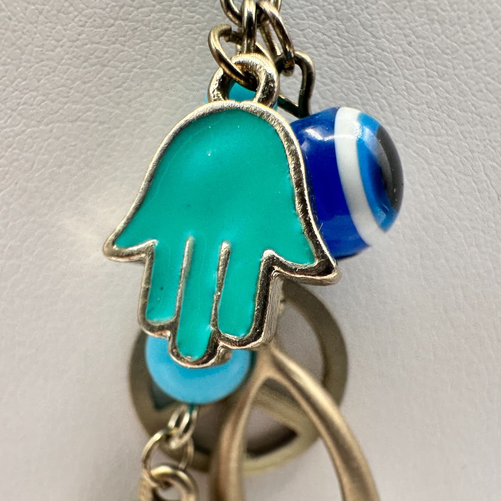 Vintage 90s Y2K Hamsa Evil Eye Gold Tone Necklace Blue Beads Boho Luck Jewelry - Thumbnail 8