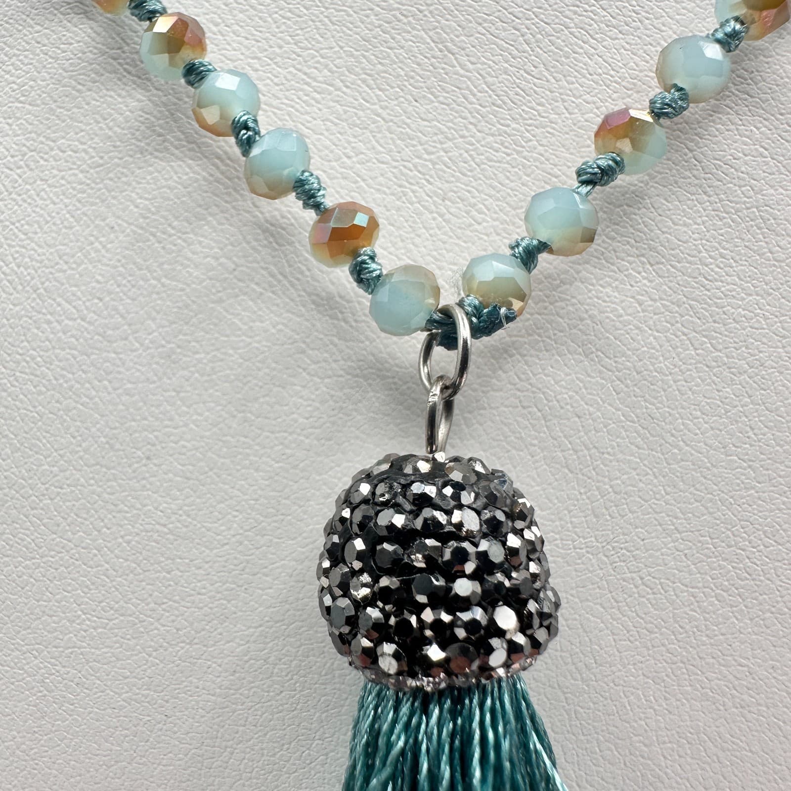 Vintage 90s Long Teal Blue Beaded Tassel Necklace Boho Statement Women's Jewelry - Thumbnail 3