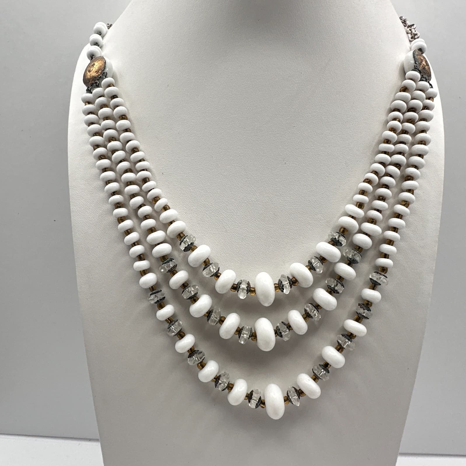 Vintage 60s Multi-Strand White Glass Bead Necklace Classic Women's Jewelry - Thumbnail 9