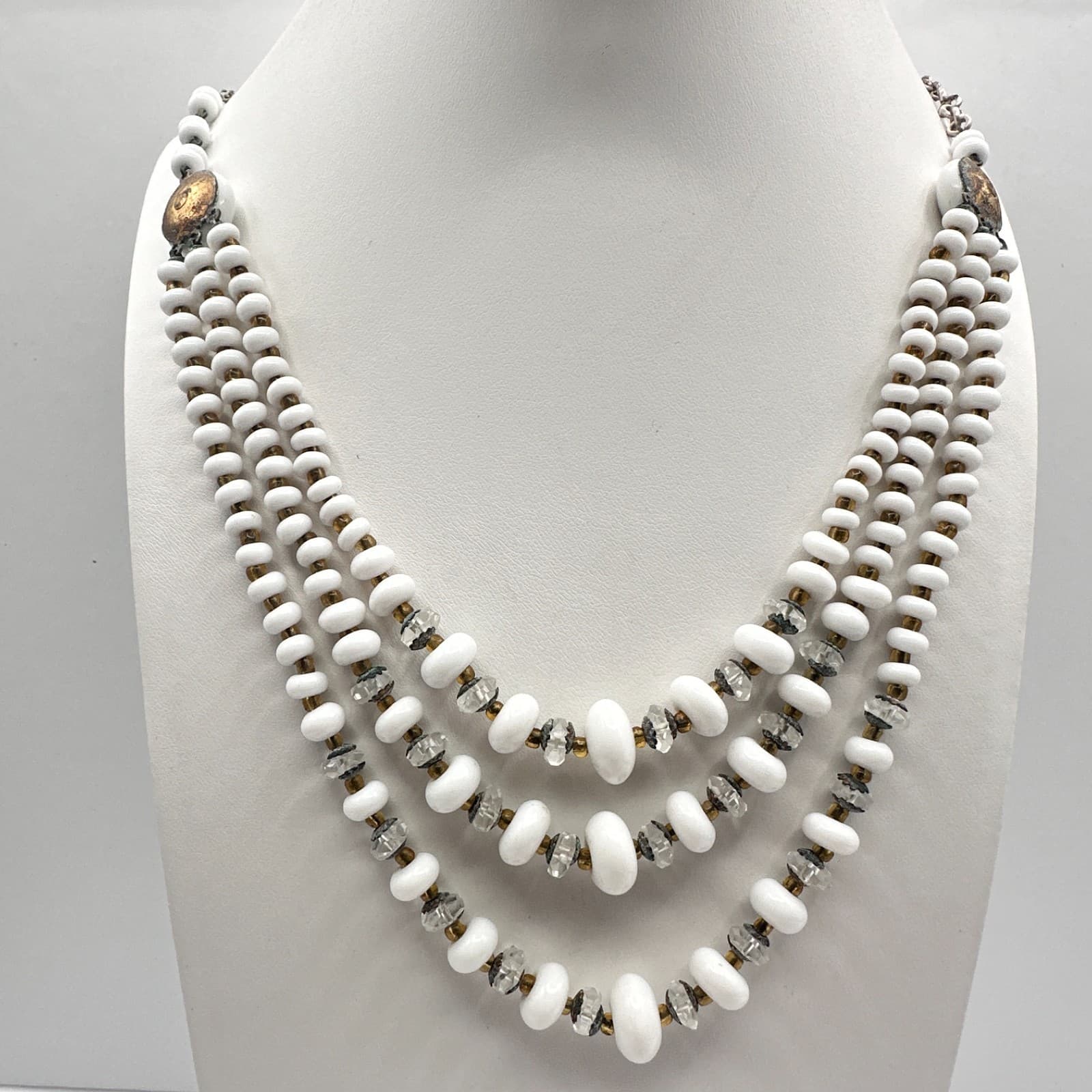 Vintage 60s Multi-Strand White Glass Bead Necklace Classic Women's Jewelry - Thumbnail 10