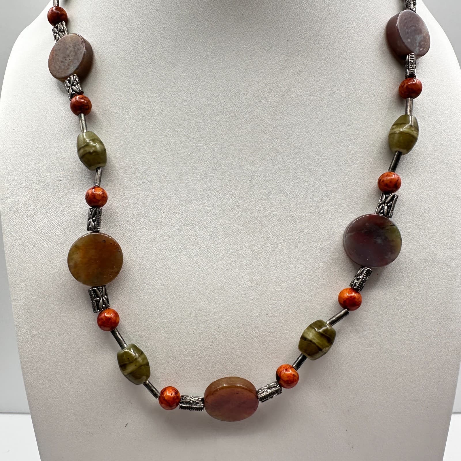 Vintage 90s Earth Tone Mixed Stones Beaded Silver Tone Necklace Women's Jewelry - Thumbnail 2