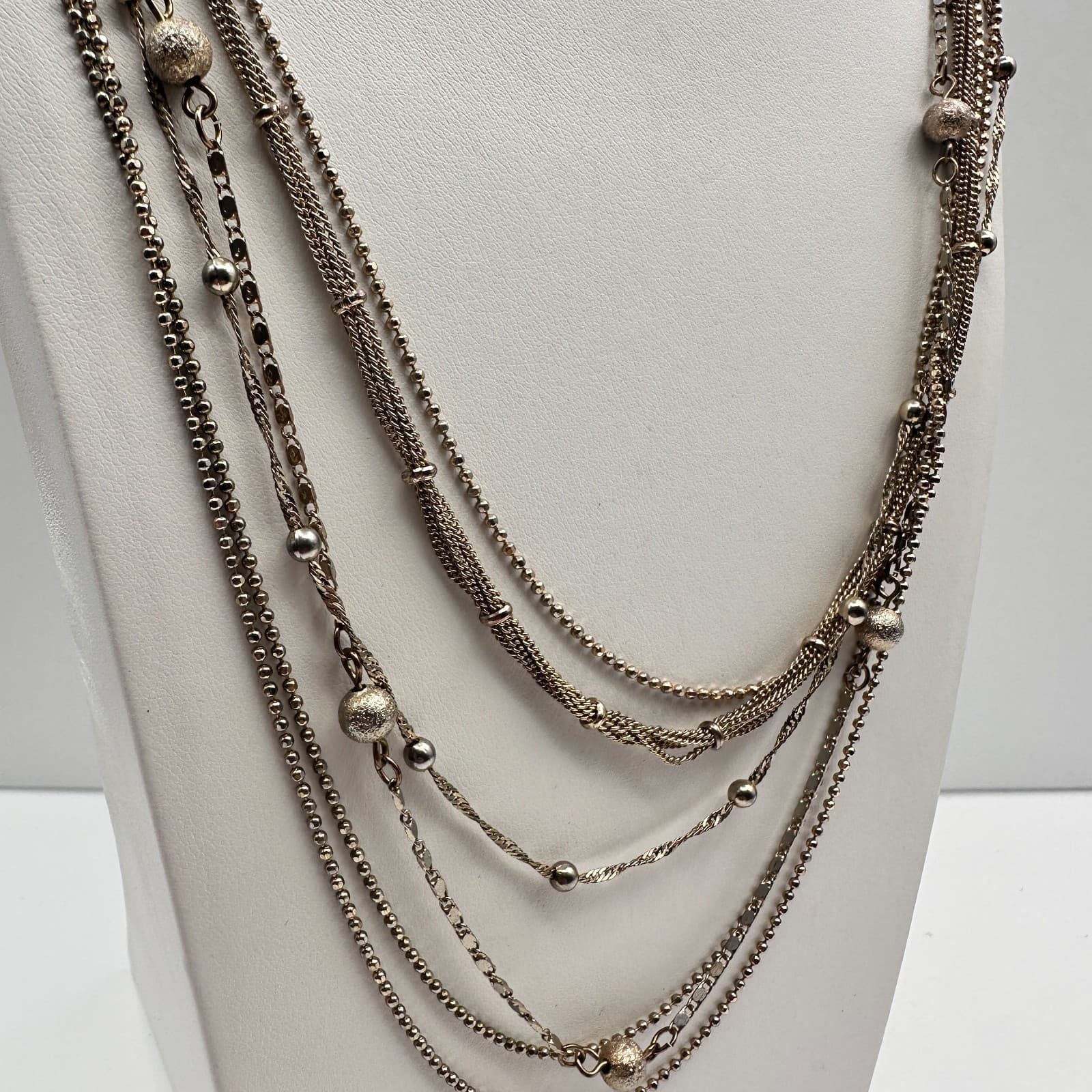 Vintage 90s Multi Layer Strand Station Bead Necklace Gold Tone Chain Jewelry - Thumbnail 2
