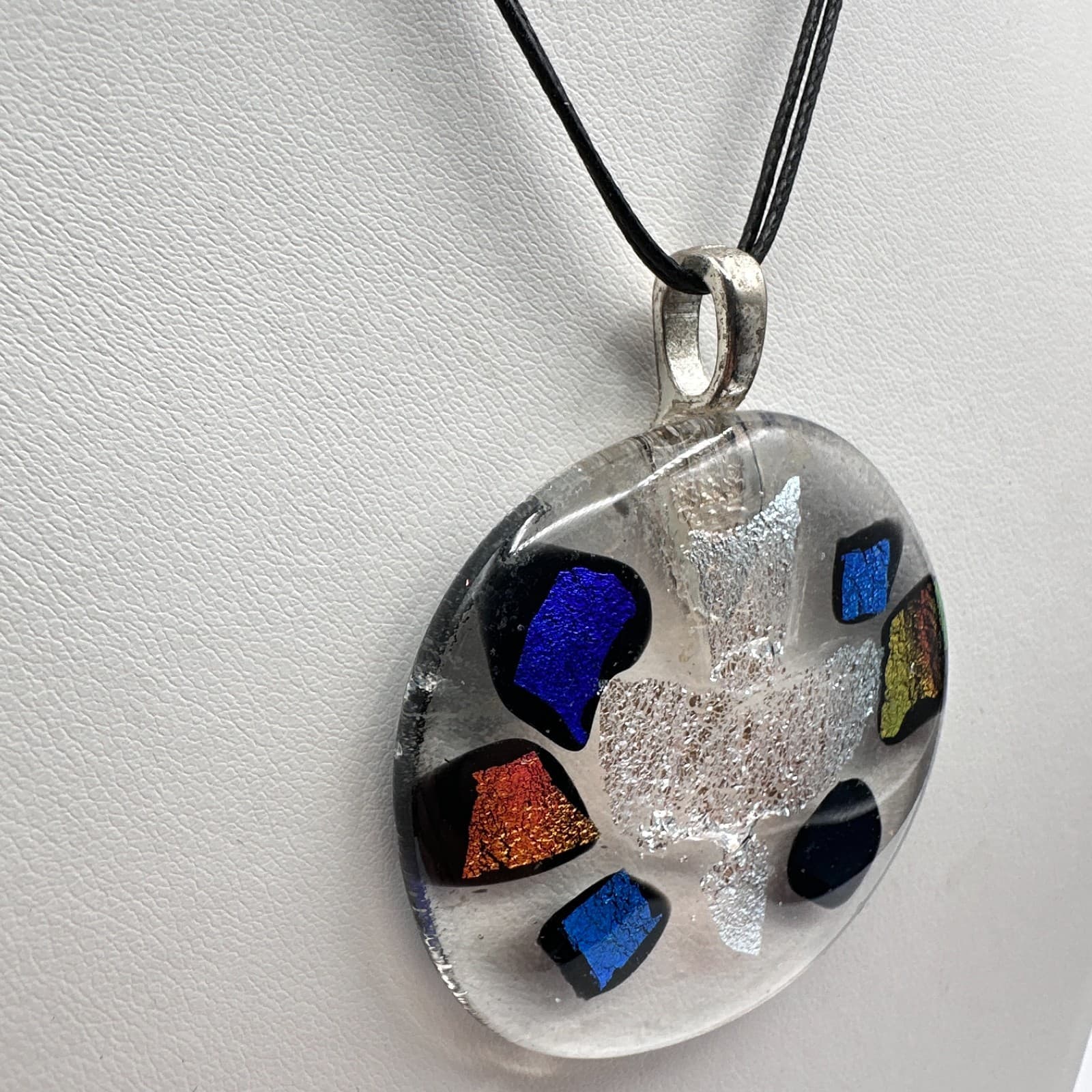 Vintage 90s Dichroic Glass Dove Necklace Rainbow Foil Pendant Black Cord Jewelry - Thumbnail 5