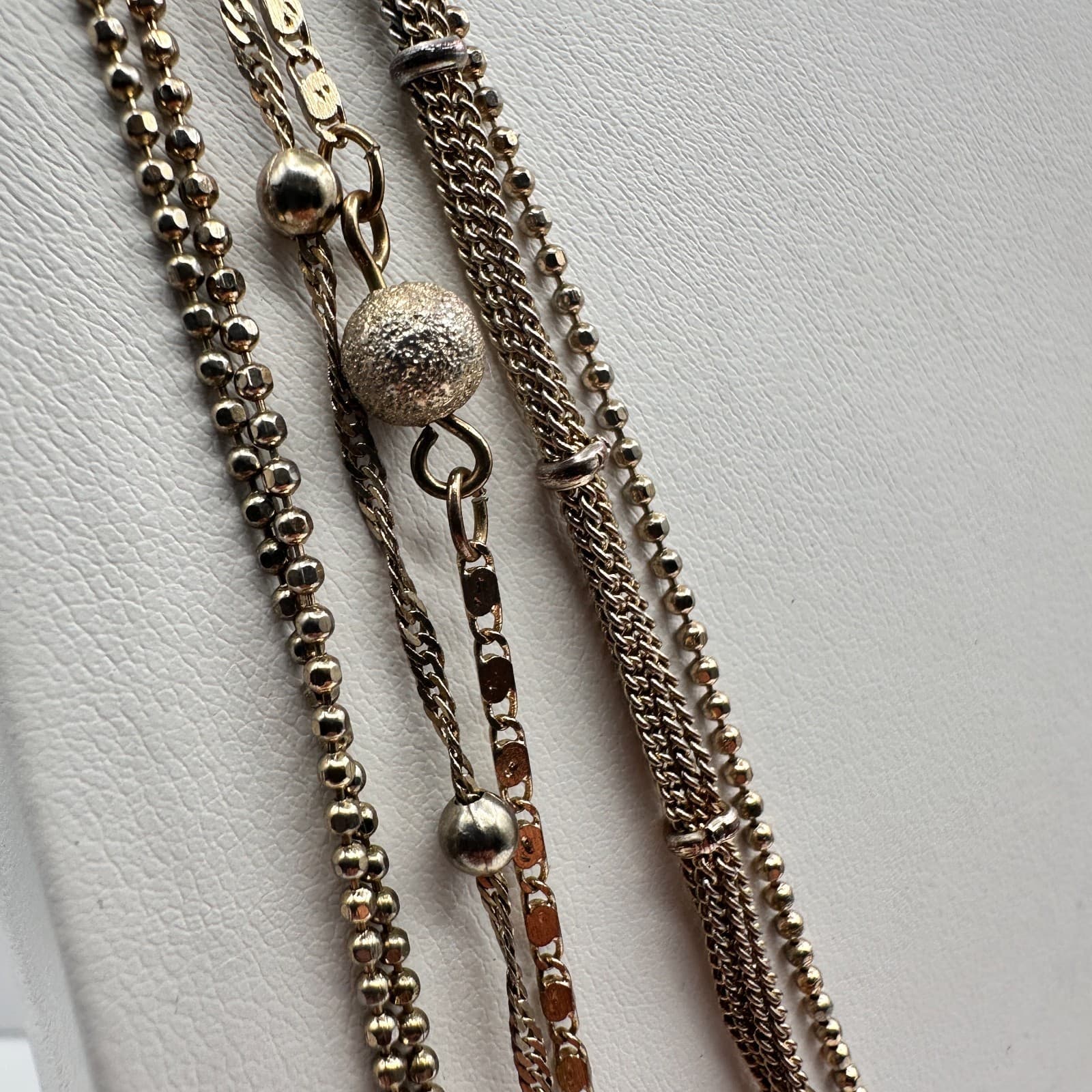 Vintage 90s Multi Layer Strand Station Bead Necklace Gold Tone Chain Jewelry - Thumbnail 3