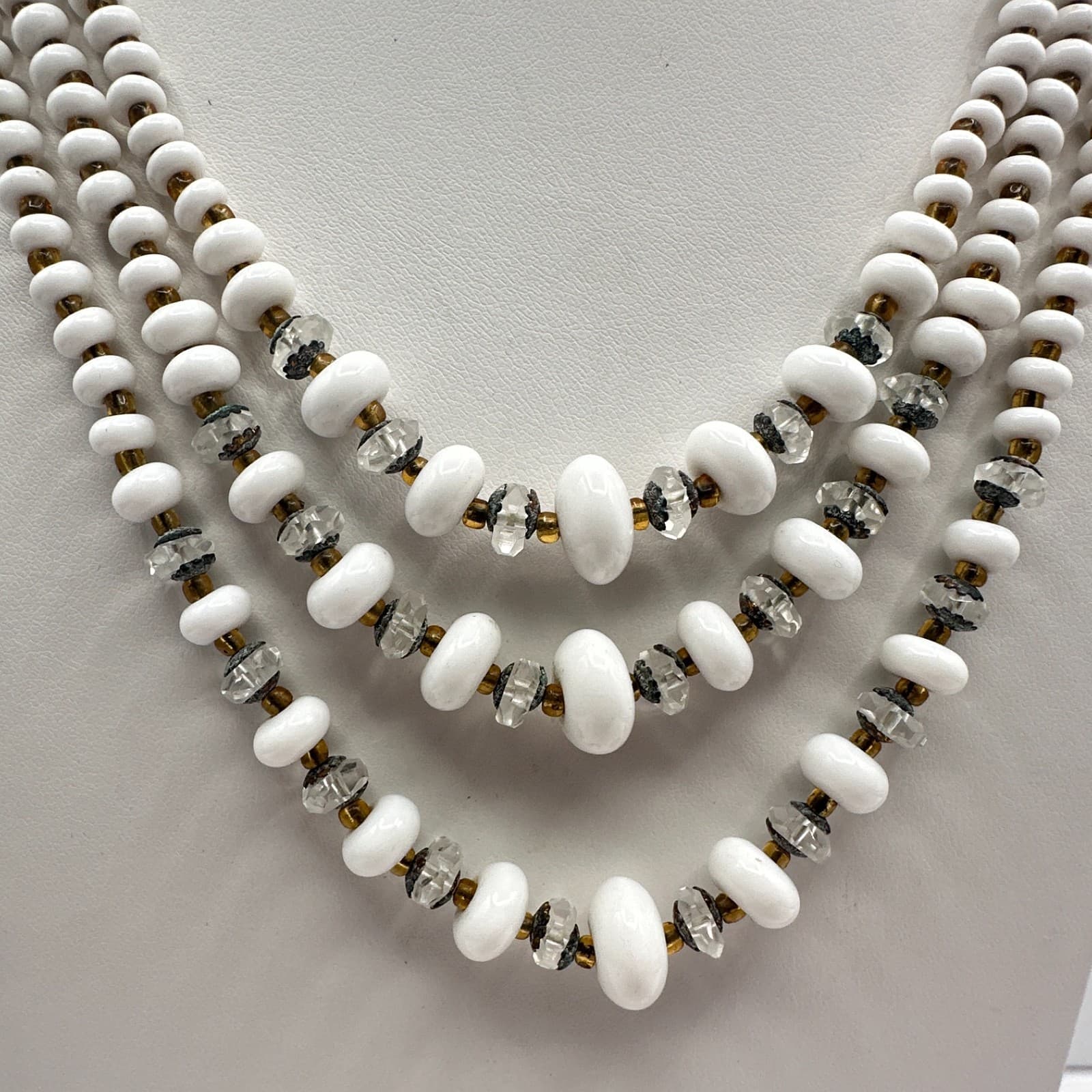 Vintage 60s Multi-Strand White Glass Bead Necklace Classic Women's Jewelry - Thumbnail 2
