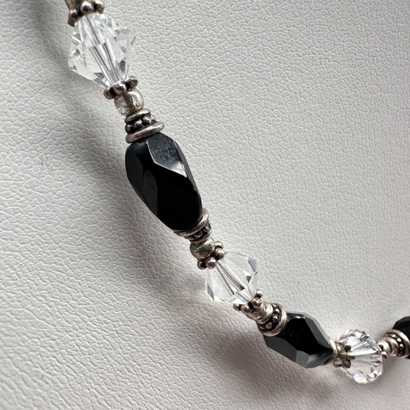 Vintage 90s Black Onyx Clear Crystal Beaded Necklace Silver Tone Boho Statement - Thumbnail 4