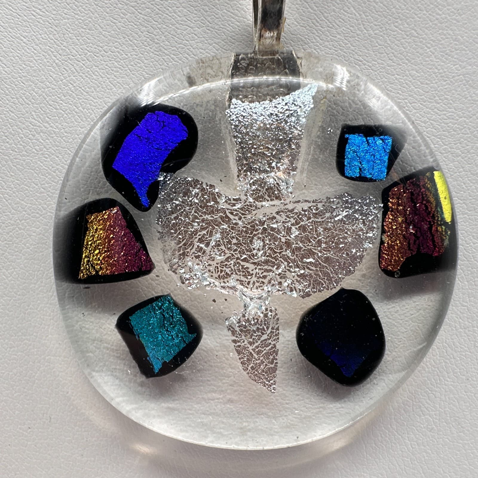 Vintage 90s Dichroic Glass Dove Necklace Rainbow Foil Pendant Black Cord Jewelry - Thumbnail 3
