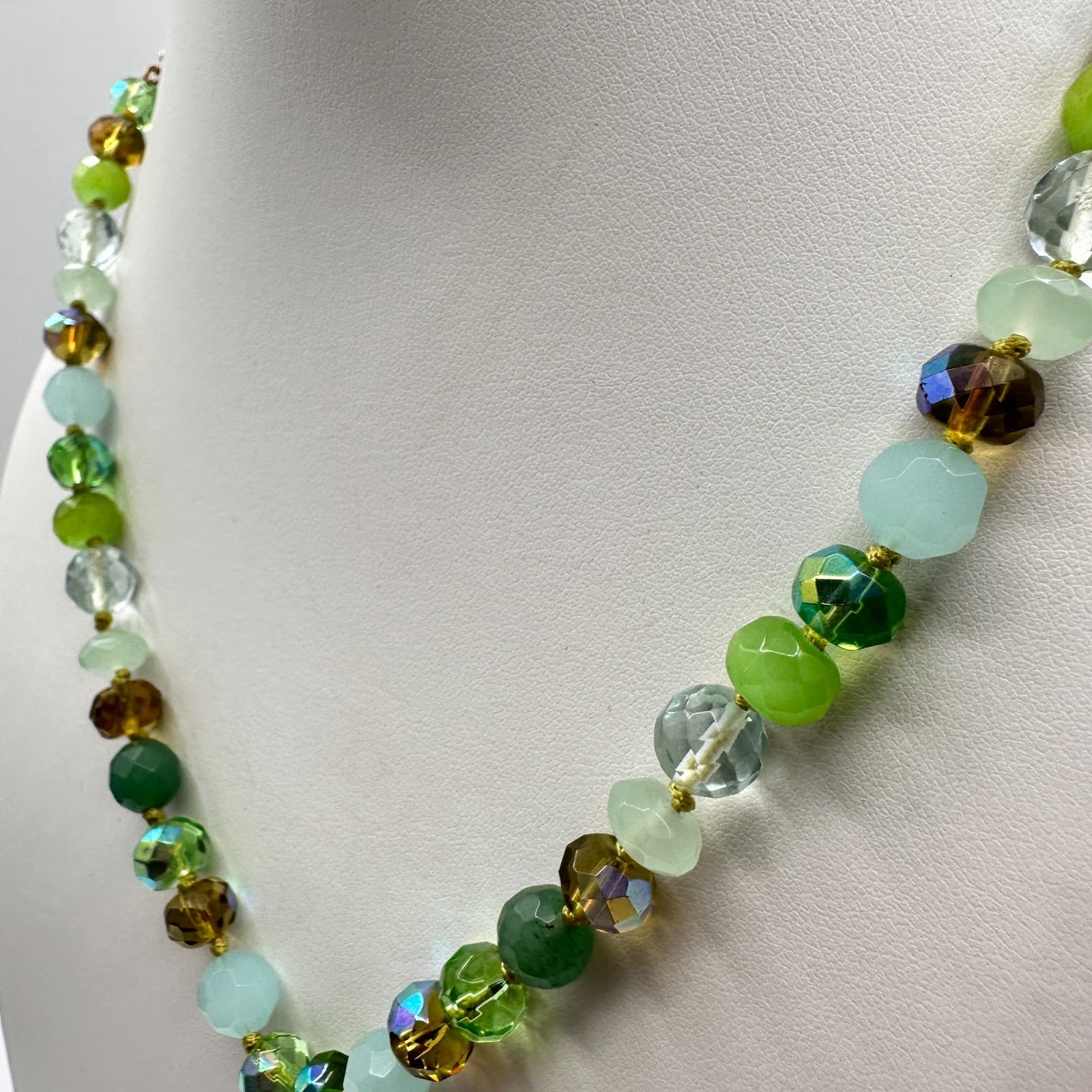 Vintage 90s C-Lee Green & Clear Faceted Glass Bead Necklace Leaf Pendant Jewelry - Thumbnail 8