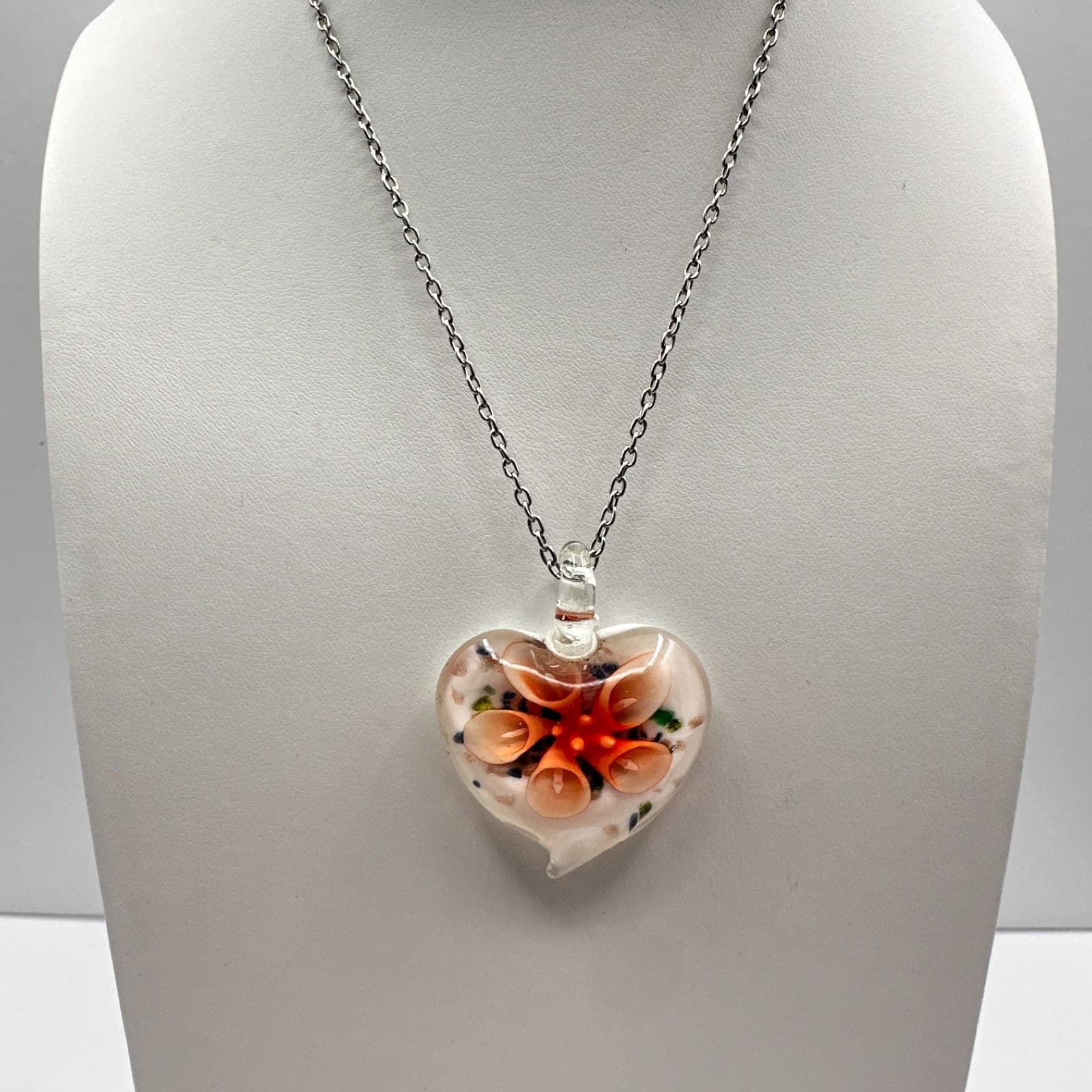 Vintage 90s Art Glass Heart Pendant Necklace Orange Floral Millefiori Jewelry - Image 1