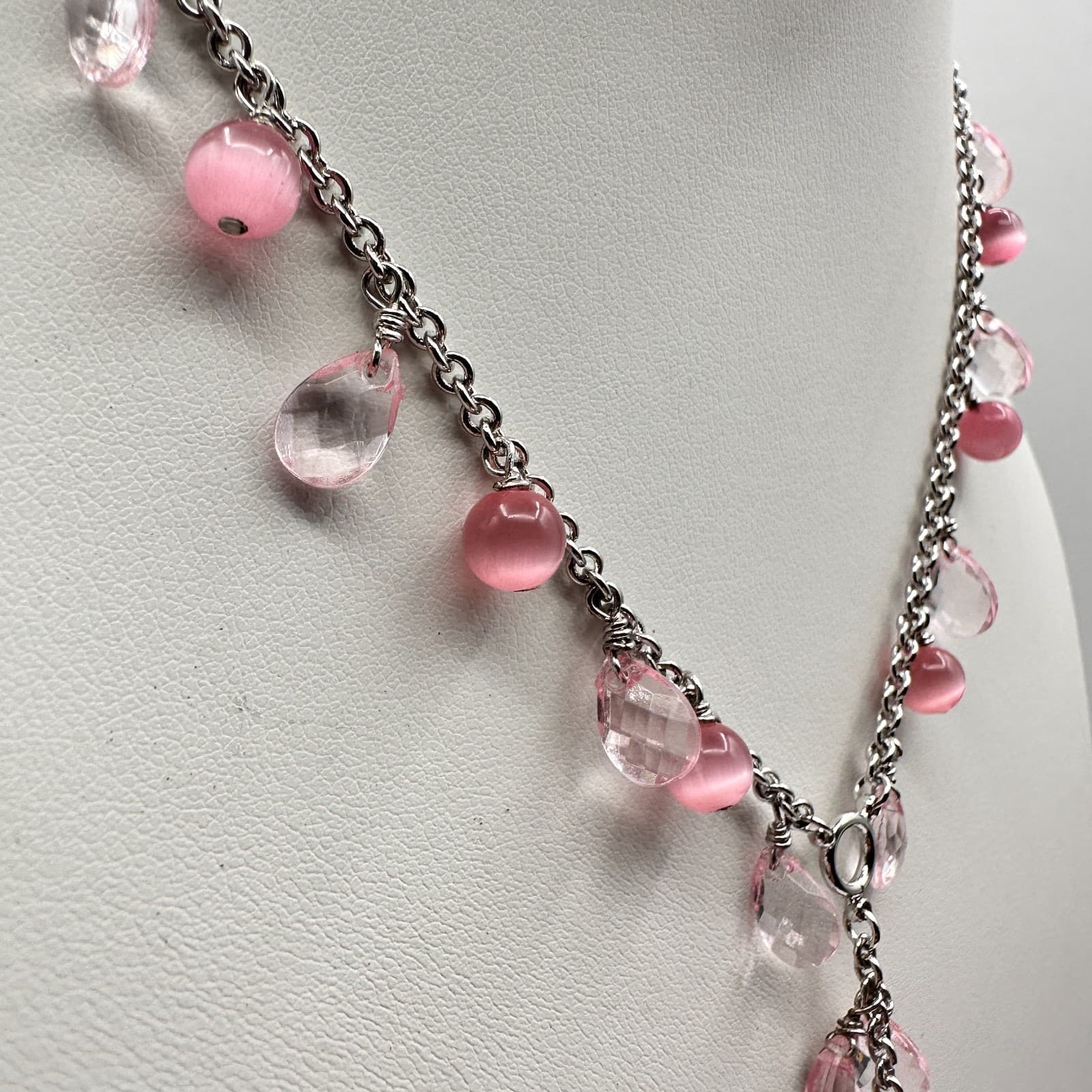 Vintage 90 Silver-Tone Pink & Clear Bead Y-Drop Dangle Necklace Jewelry - Thumbnail 5