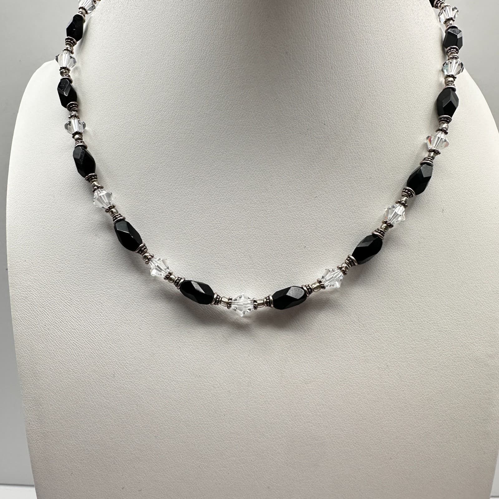Vintage 90s Black Onyx Clear Crystal Beaded Necklace Silver Tone Boho Statement - Image 1