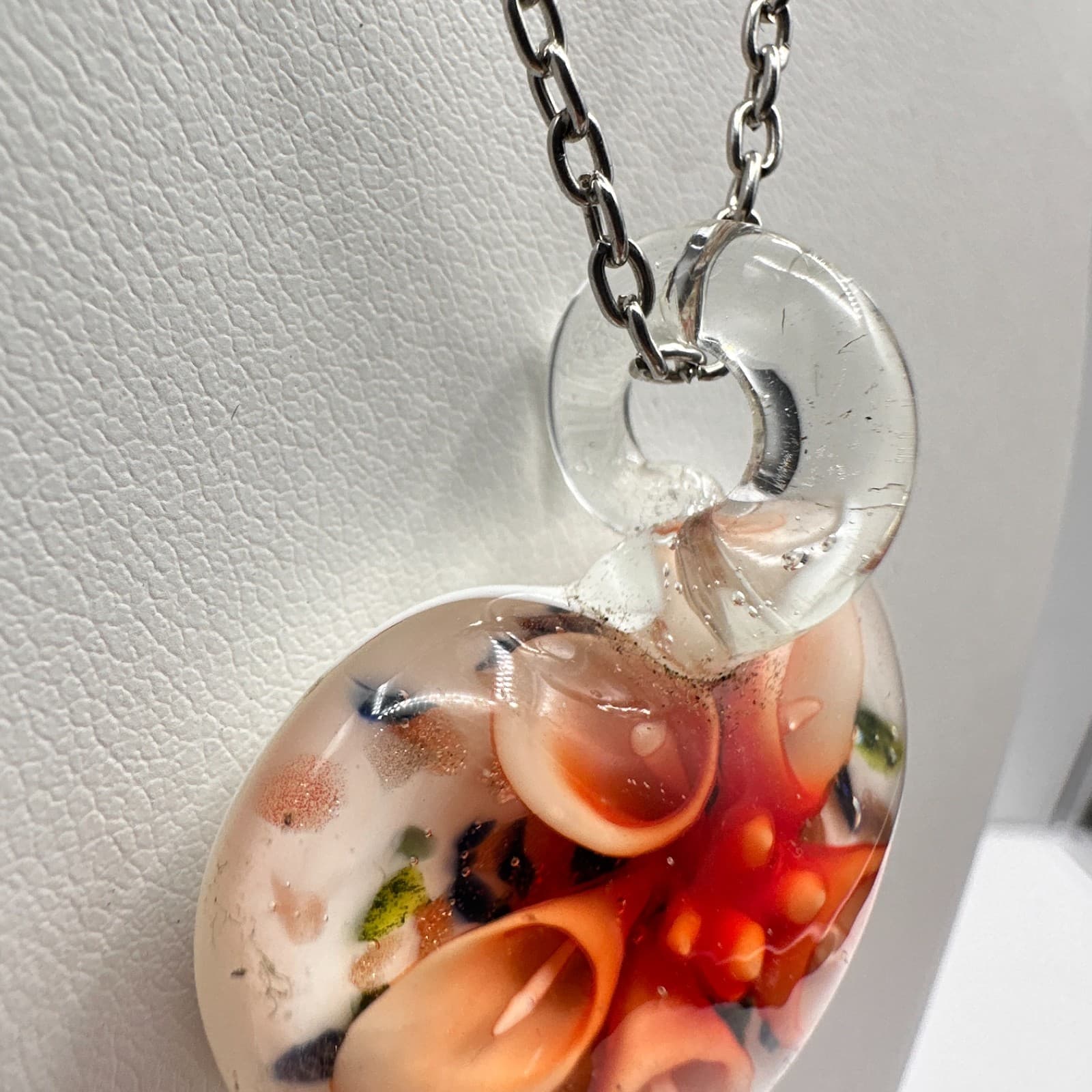 Vintage 90s Art Glass Heart Pendant Necklace Orange Floral Millefiori Jewelry - Thumbnail 5