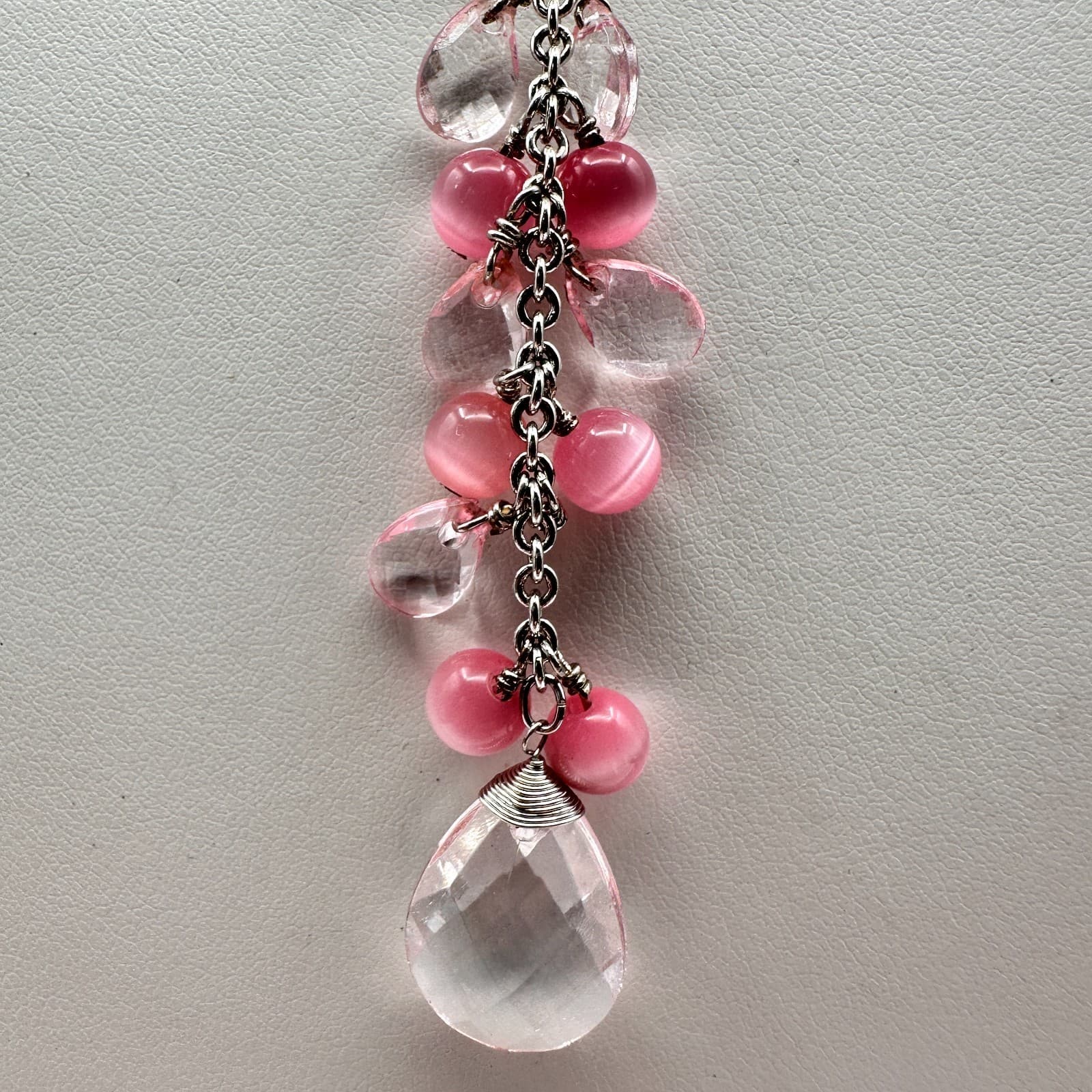 Vintage 90 Silver-Tone Pink & Clear Bead Y-Drop Dangle Necklace Jewelry - Thumbnail 11